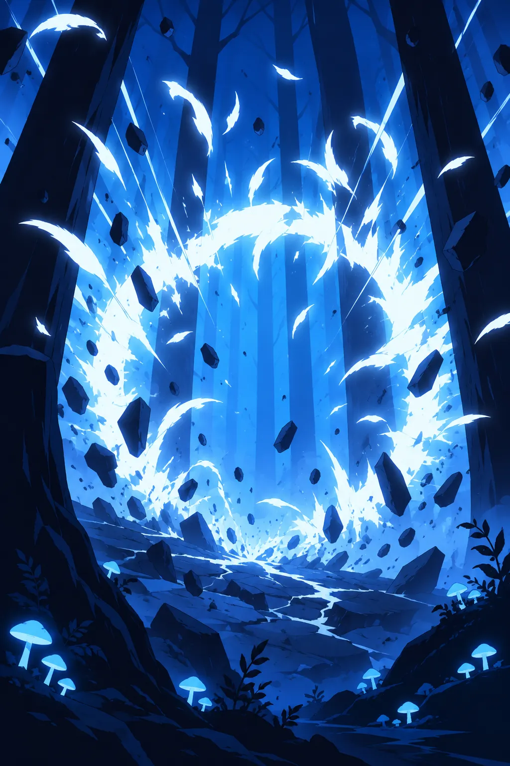 Wide shot of the underground blue forest, tall dark tree trunk silhouettes framing a huge ring-shaped burst of blinding white-blue light…