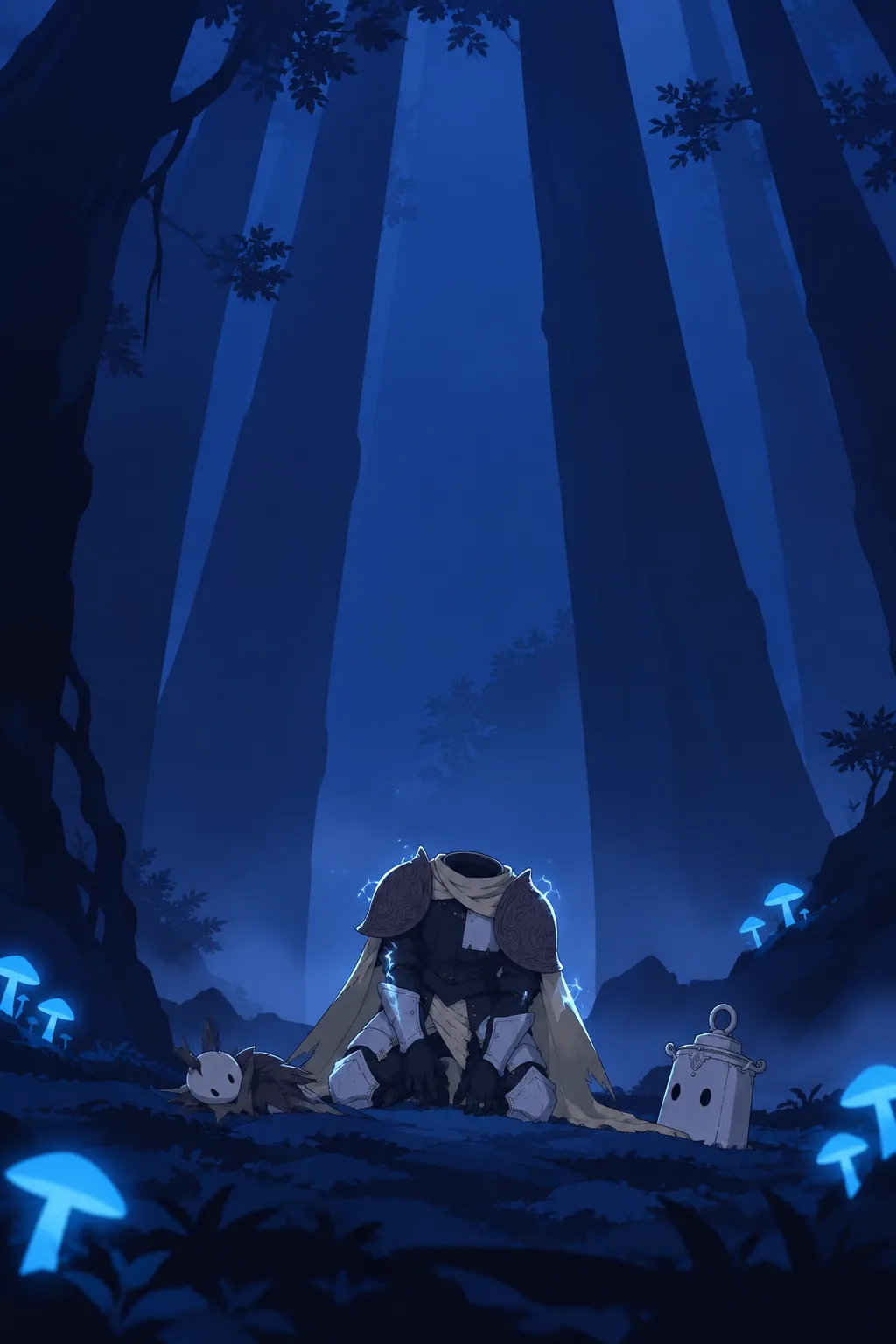 Full shot of Lanterne small in frame, kneeling on the moss, cape settling around him, the thin dark blade planted against the ground.