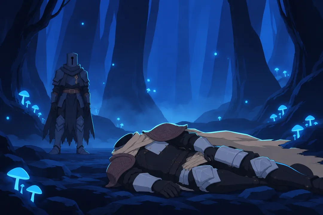 Wide shot of the underground blue forest, Lanterne's armoured body sprawled on the rocky ground with cyan light tracing every seam.
