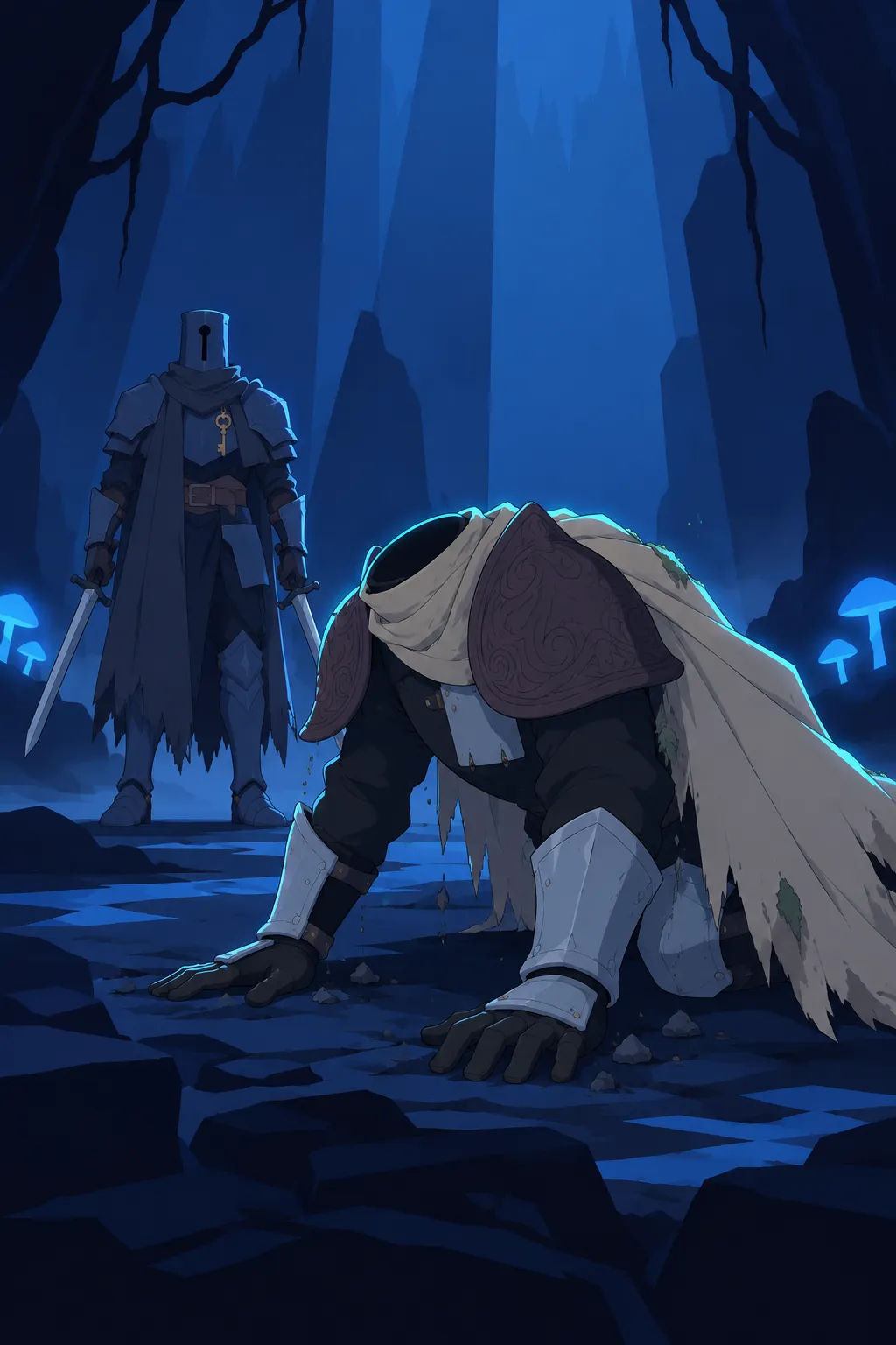 Medium shot of Lanterne pushing himself up from the ground onto his hands and knees, cape sliding off his back.