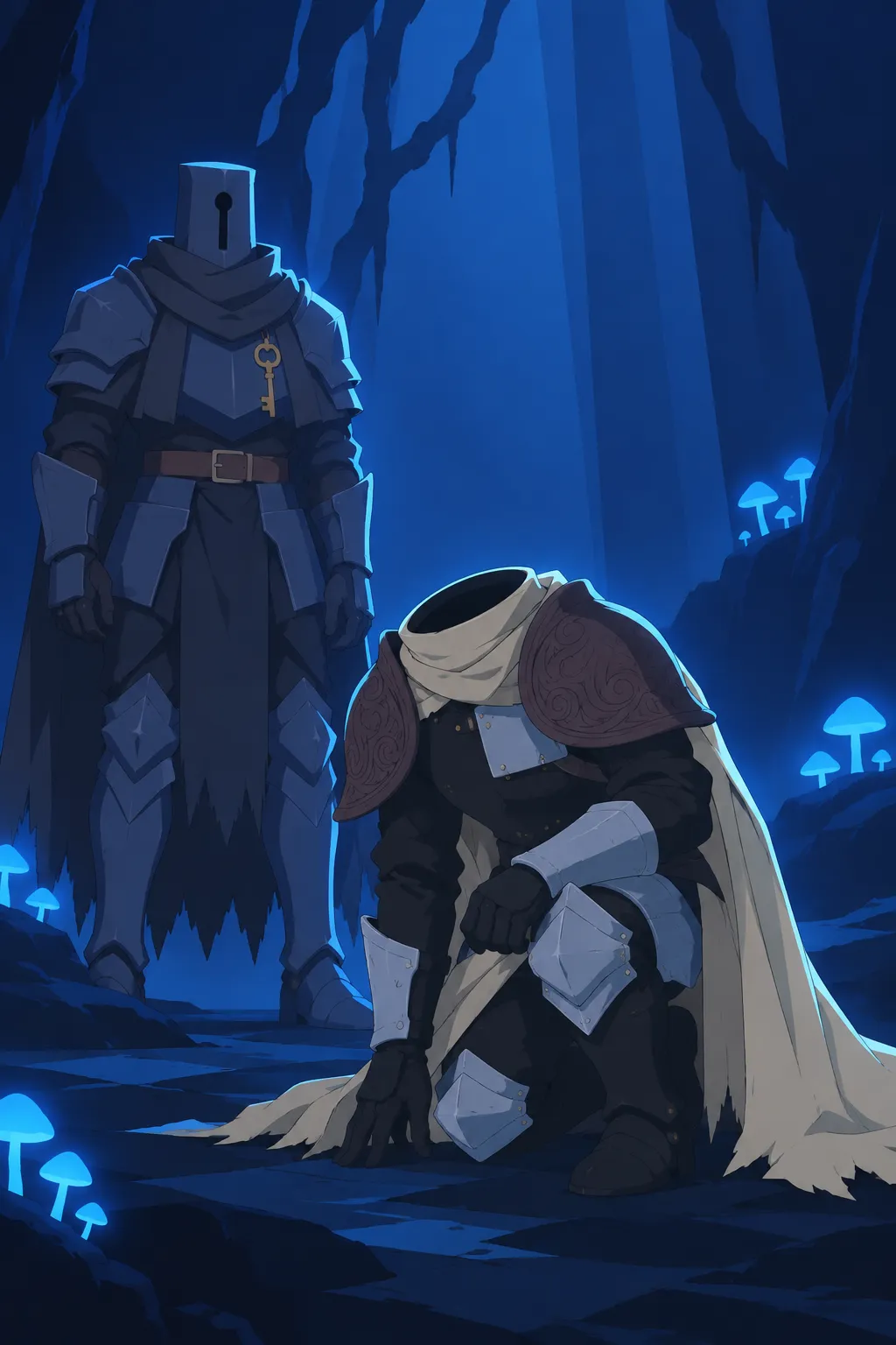 Close medium shot on Lanterne kneeling with cape draped down and torn hem visible, cyan glow tracing his armour.