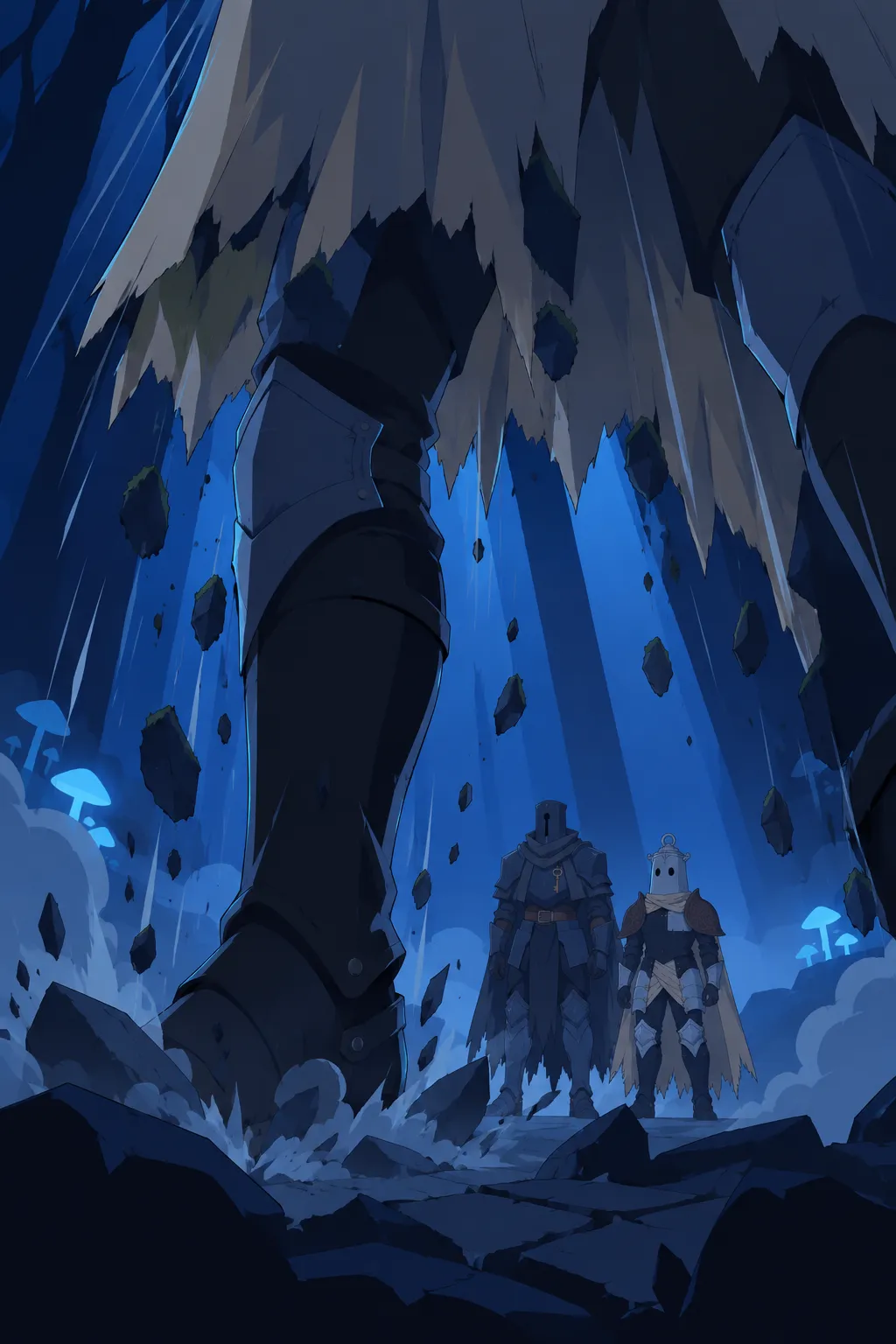 Low angle on the colossal dark legs and jagged torn mantle hem lifting off the ground, dust and moss falling.