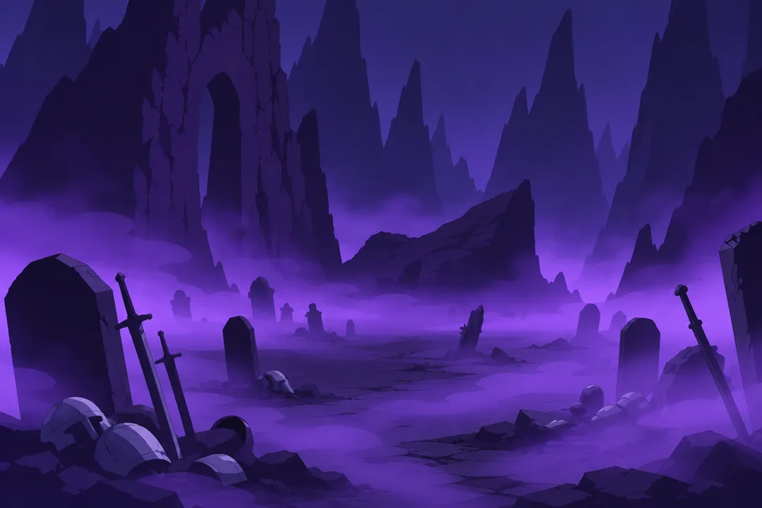 A wide establishing view of a misty graveyard among jagged dark rocky spires, purple fog rolling low over cracked ground.