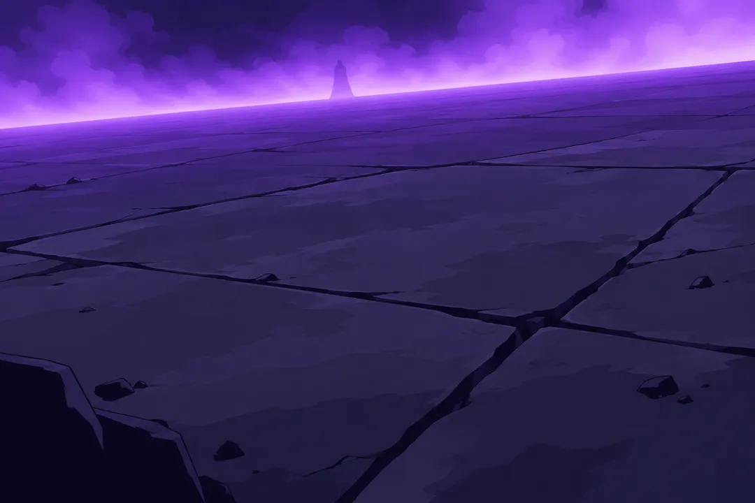 Close view of a cracked stone floor under a bright band of purple-white light along the horizon.