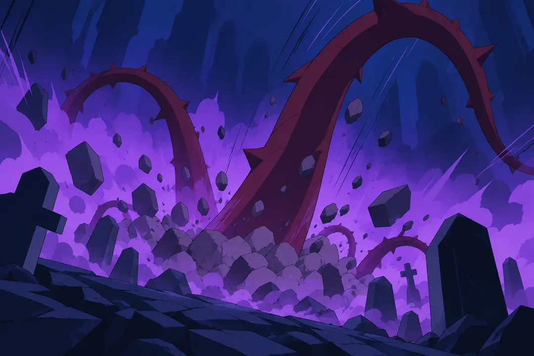 A fragment glimpsed first: one huge dark red-brown thorned tendril curling up out of a mound of rubble among gravestones.