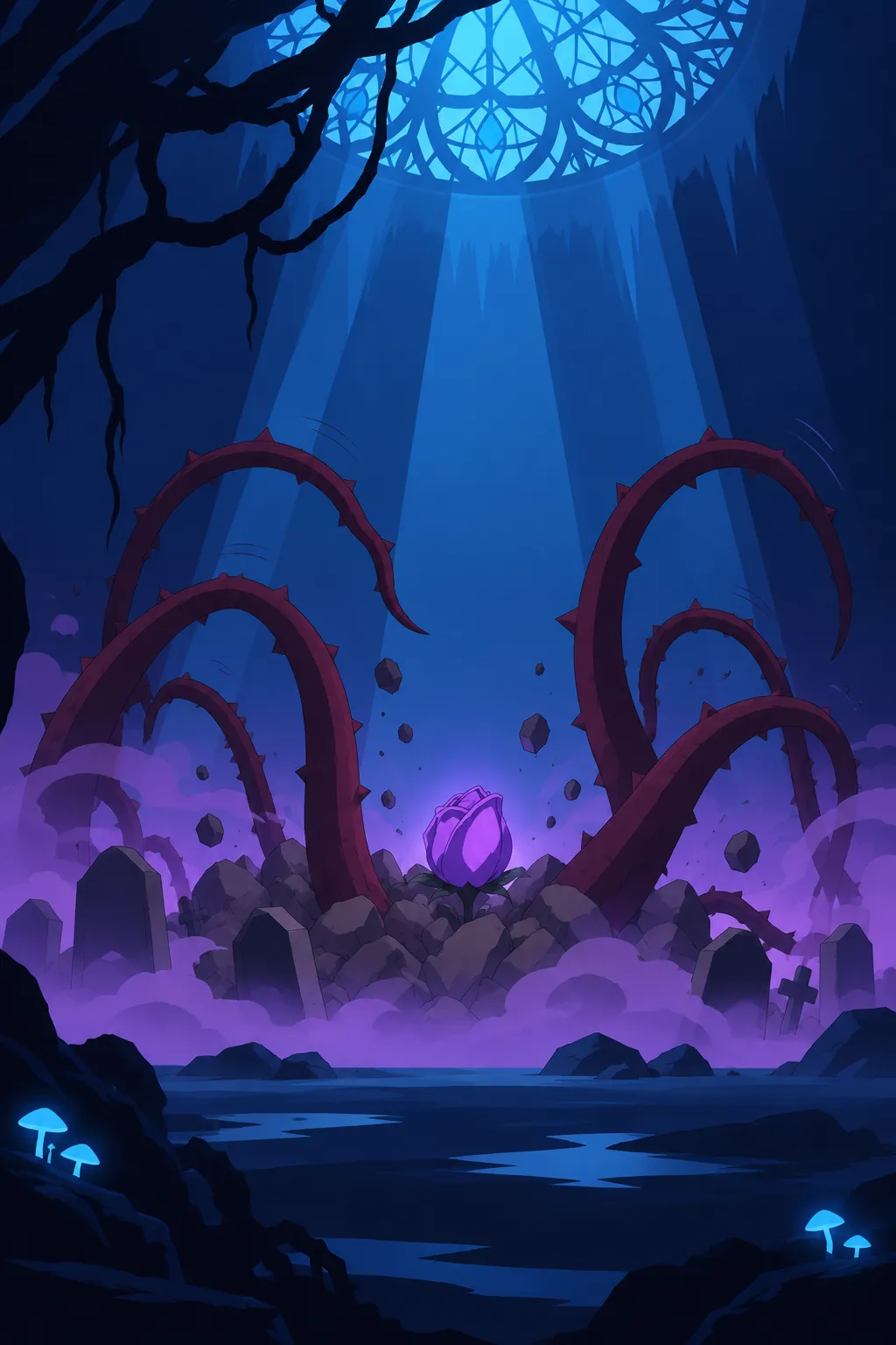 Both colossal dark red-brown thorned tendrils now fully unfolded and curling high above the rubble mound like two great arms.