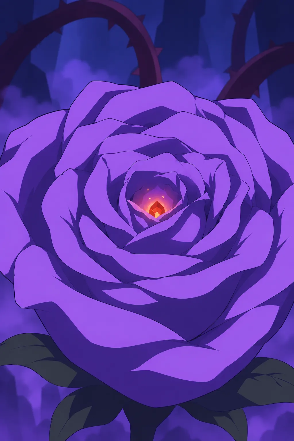 Extreme close-up on the purple rose now fully bloomed, its layered petals open wide.