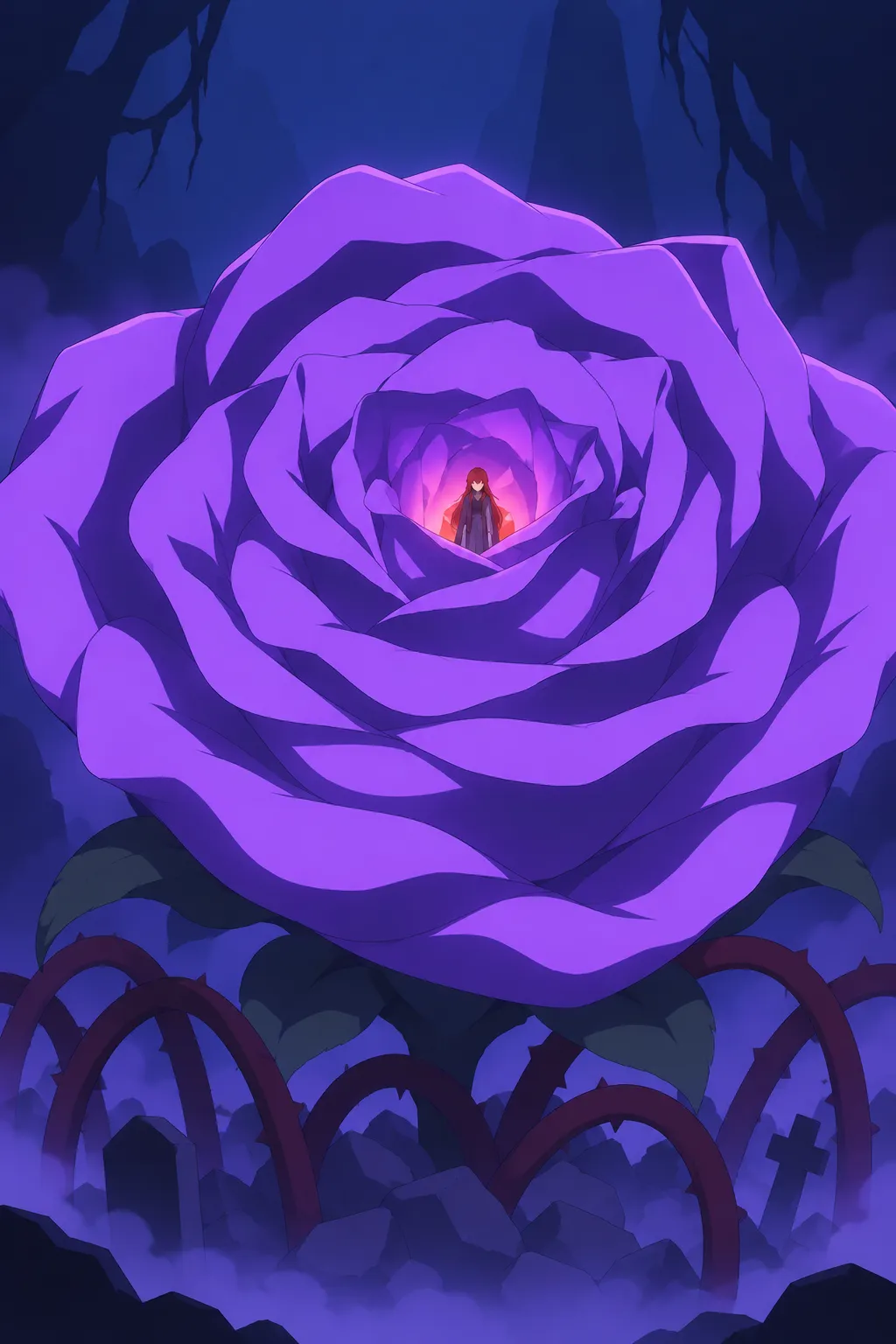 Wide view of a colossal glowing purple rose in full bloom.