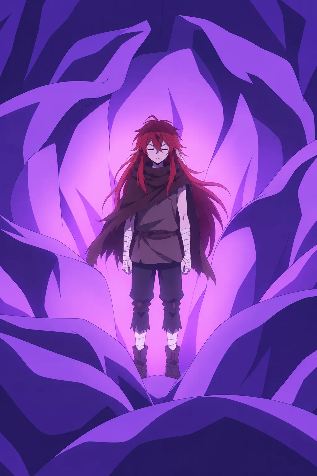 Closer view inside the open purple petals: a young figure with long red and white hair, pale skin, wrapped in bandages and a dark scarf.