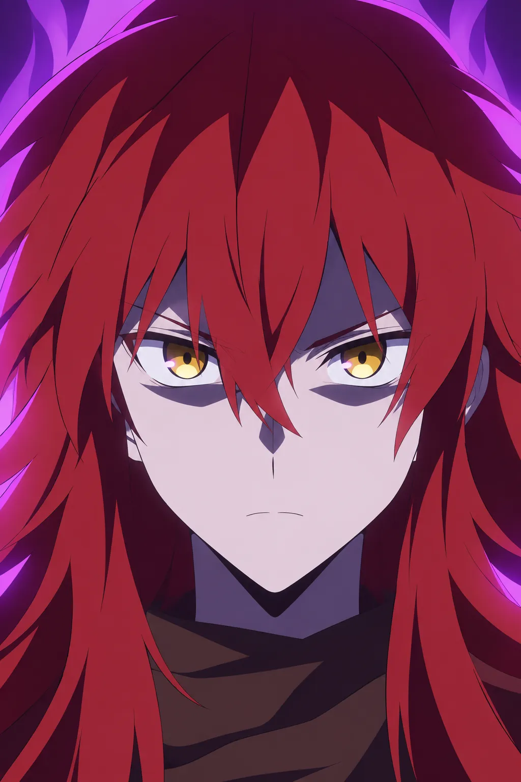 Extreme close-up on the figure's face, red and white hair falling across his brow, golden eyes wide open staring forward with a hard.