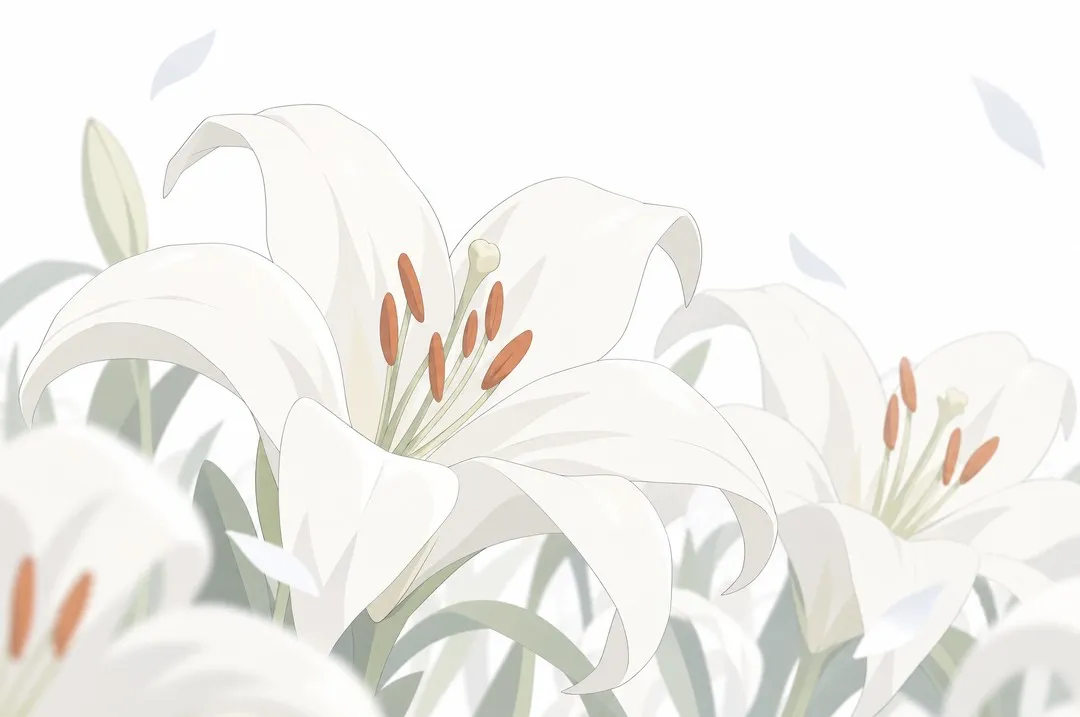 Macro on white lilies filling the whole frame: open trumpets, curled white petals, orange-red stamens, pale green stems.