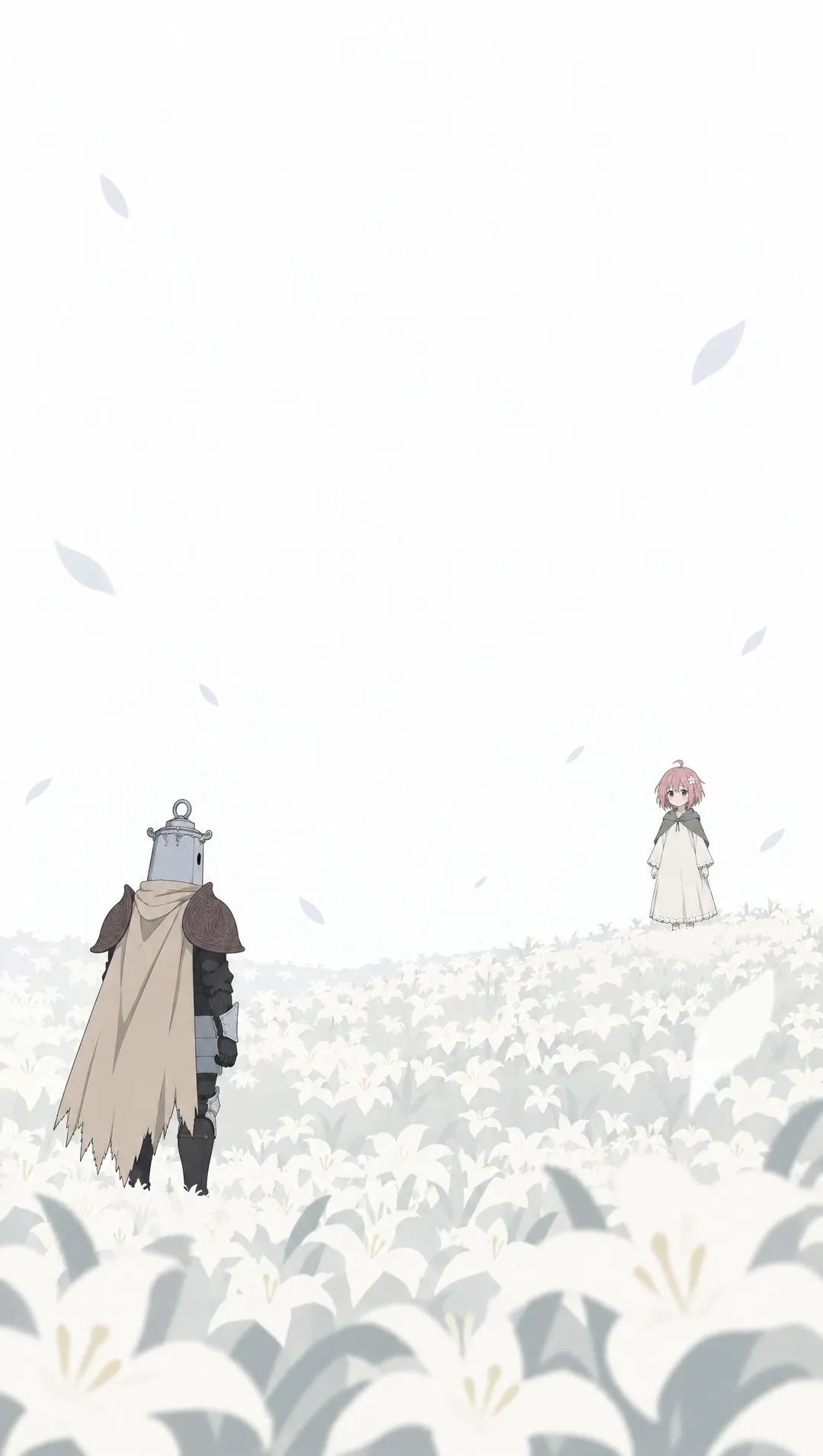 A vast field of white lilies under a blown-out white sky.
