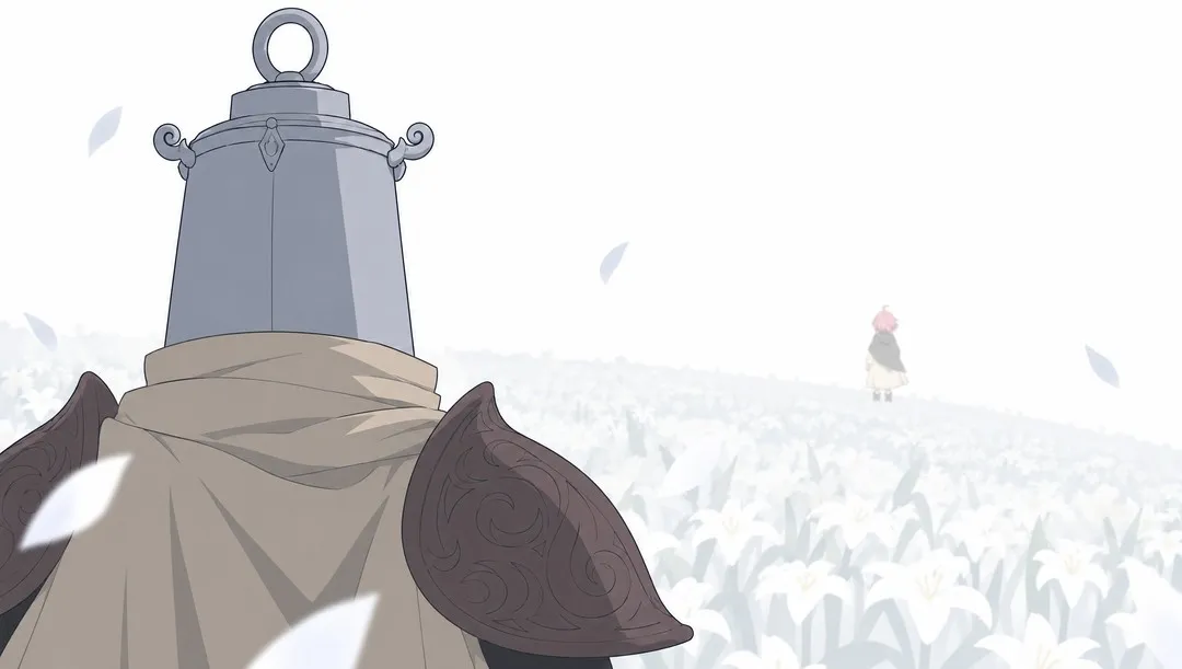 Close on the back of Lanterne's lantern helmet and his pauldrons, seen strictly from behind, slightly off centre.