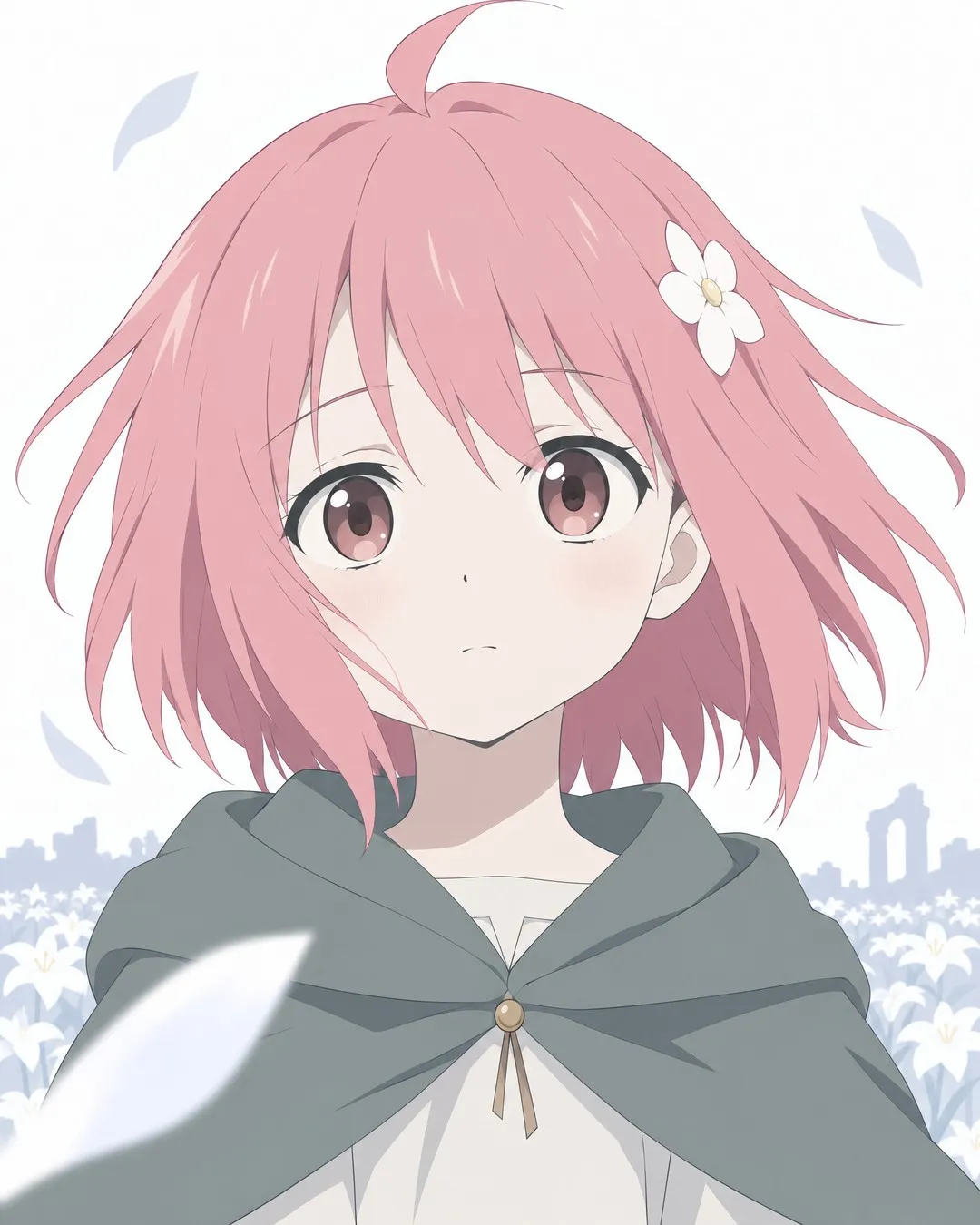 Big close-up of Rose against a white sky: short pink bob hair moving in the wind, the white flower in her hair on the viewer's right.
