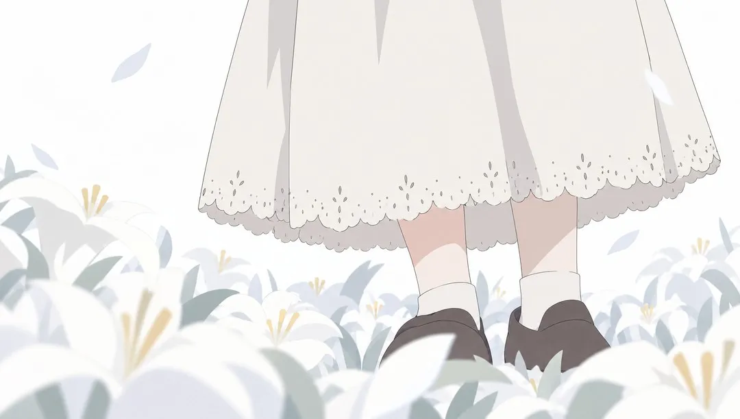 Low insert among the lilies: the lace hem of Rose's cream dress and her small feet standing between white lily blooms.