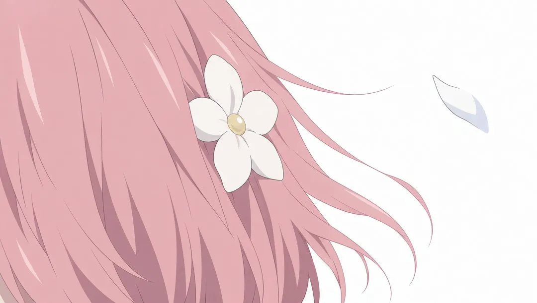 Extreme close-up on the side of Rose's head: the white flower tucked in her pink hair above her left temple.