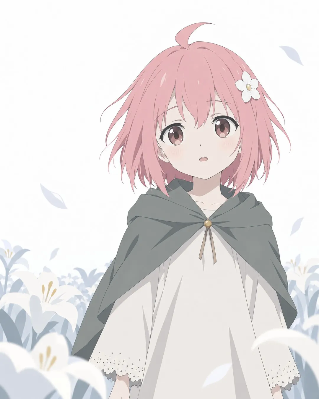 Medium close-up of Rose, waist up, among the lilies against the white sky.