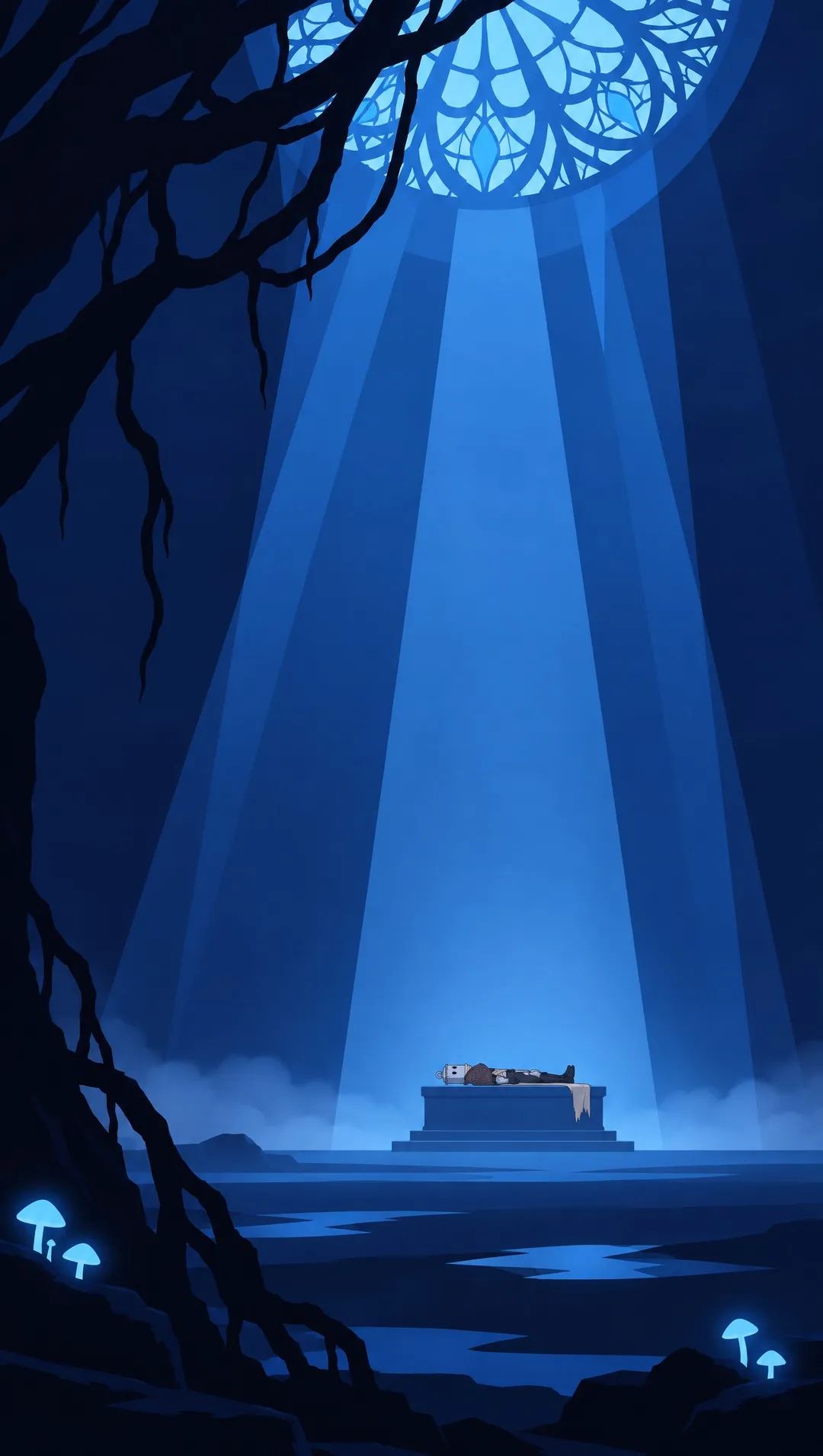 Extreme wide of a vast underground sanctuary in deep blue and black.