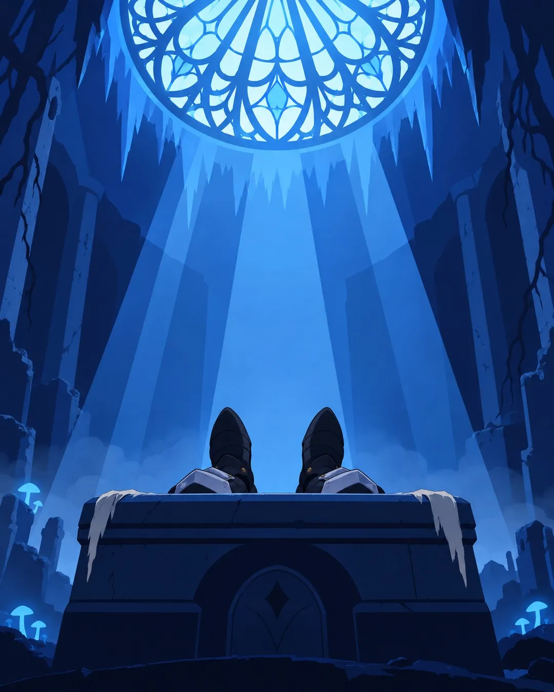 Low wide shot along the stone altar from its foot. Closest to the viewer, two dark armoured sabatons rest on the carved stone lid.