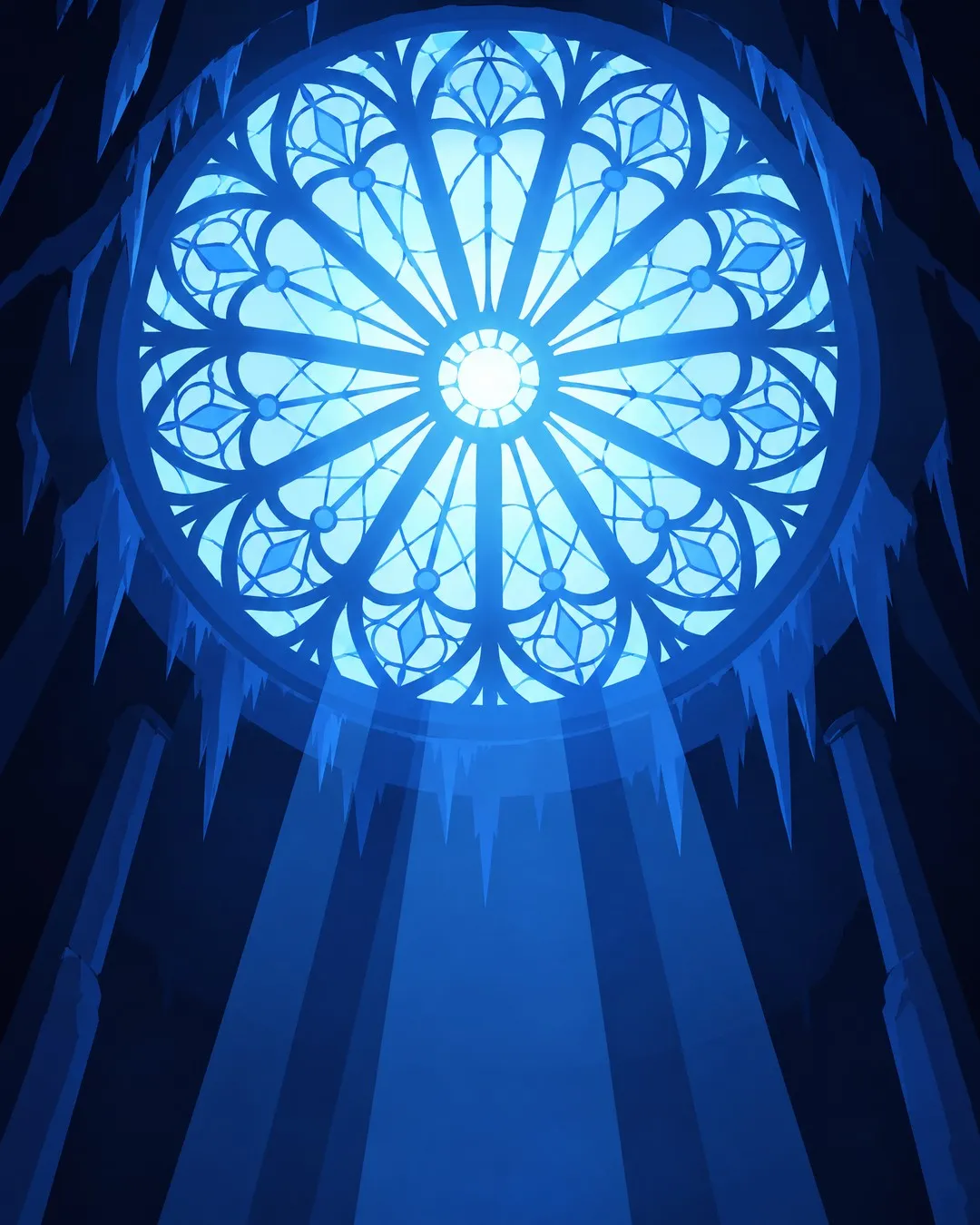 The rose window fills the frame, seen from below: a great circular tracery glowing cold cyan, stalactites around it.
