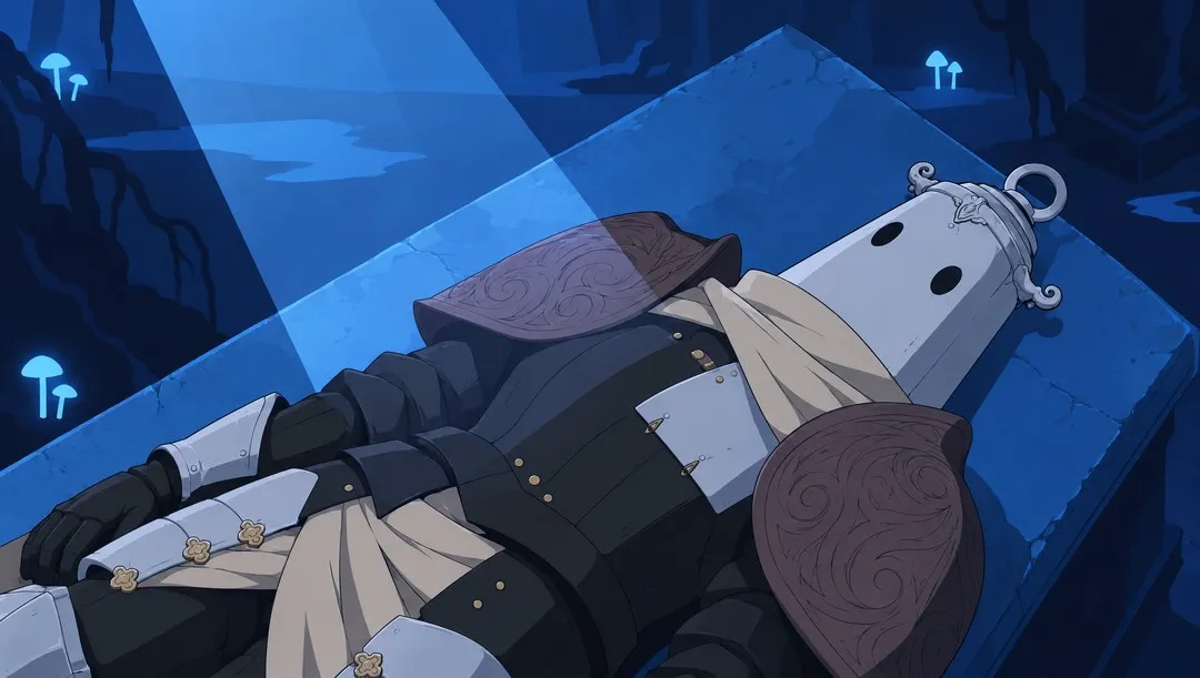 High close shot on the lying knight from above the altar: helmet to the right, the two small dark eye holes, the cream scarf.