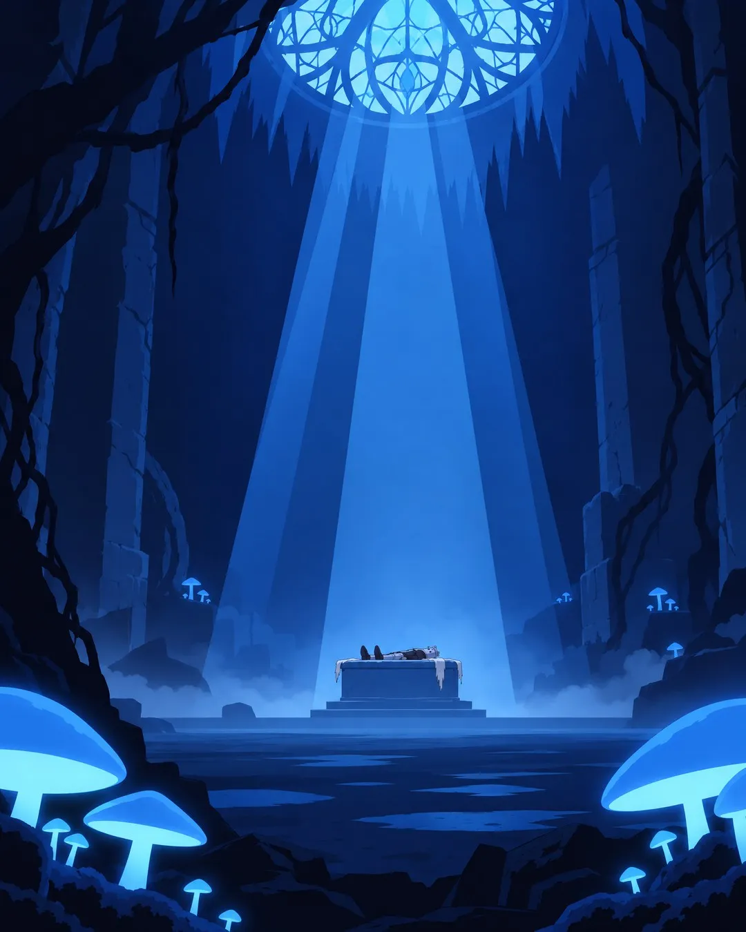 Wide from the floor among big glowing mushrooms: the altar far and small in the centre, beams of light now falling hard on it.