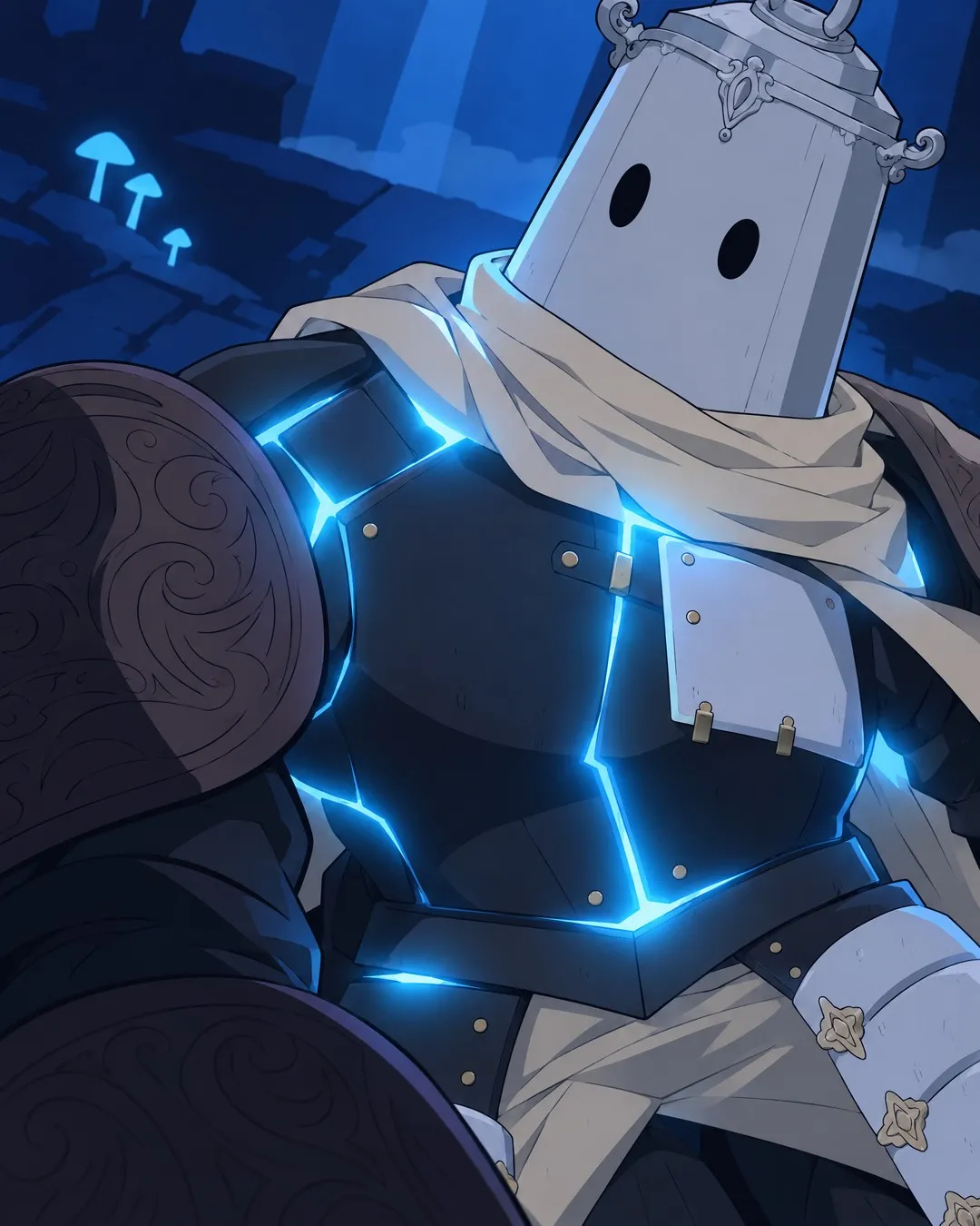 Close on the torso: blue light spreads through the armour, the seams of the chest plate and the joints glow cyan.