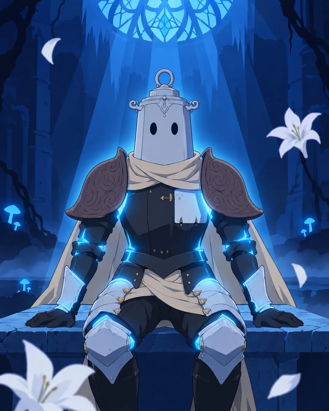 Frontal: Lanterne sits up brusquely toward the camera, torso and joints glowing bright cyan, arms braced on the stone.