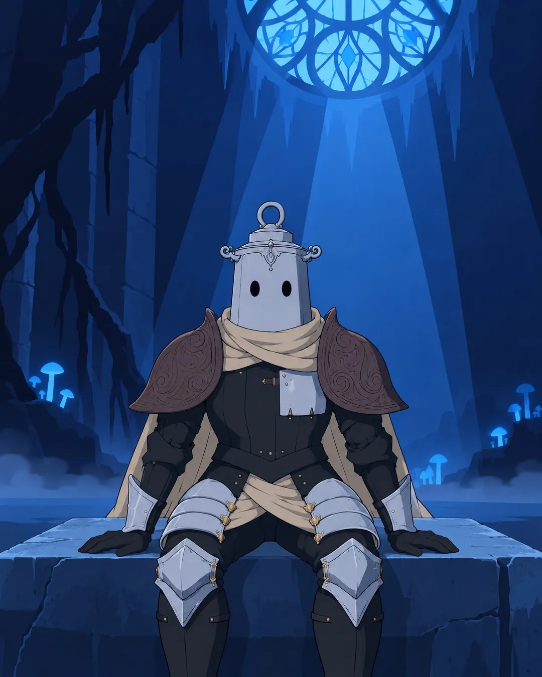 Frontal medium, sitting on the altar, the glow gone: the hollow helmet turned to the camera, arms down, hands on the stone.