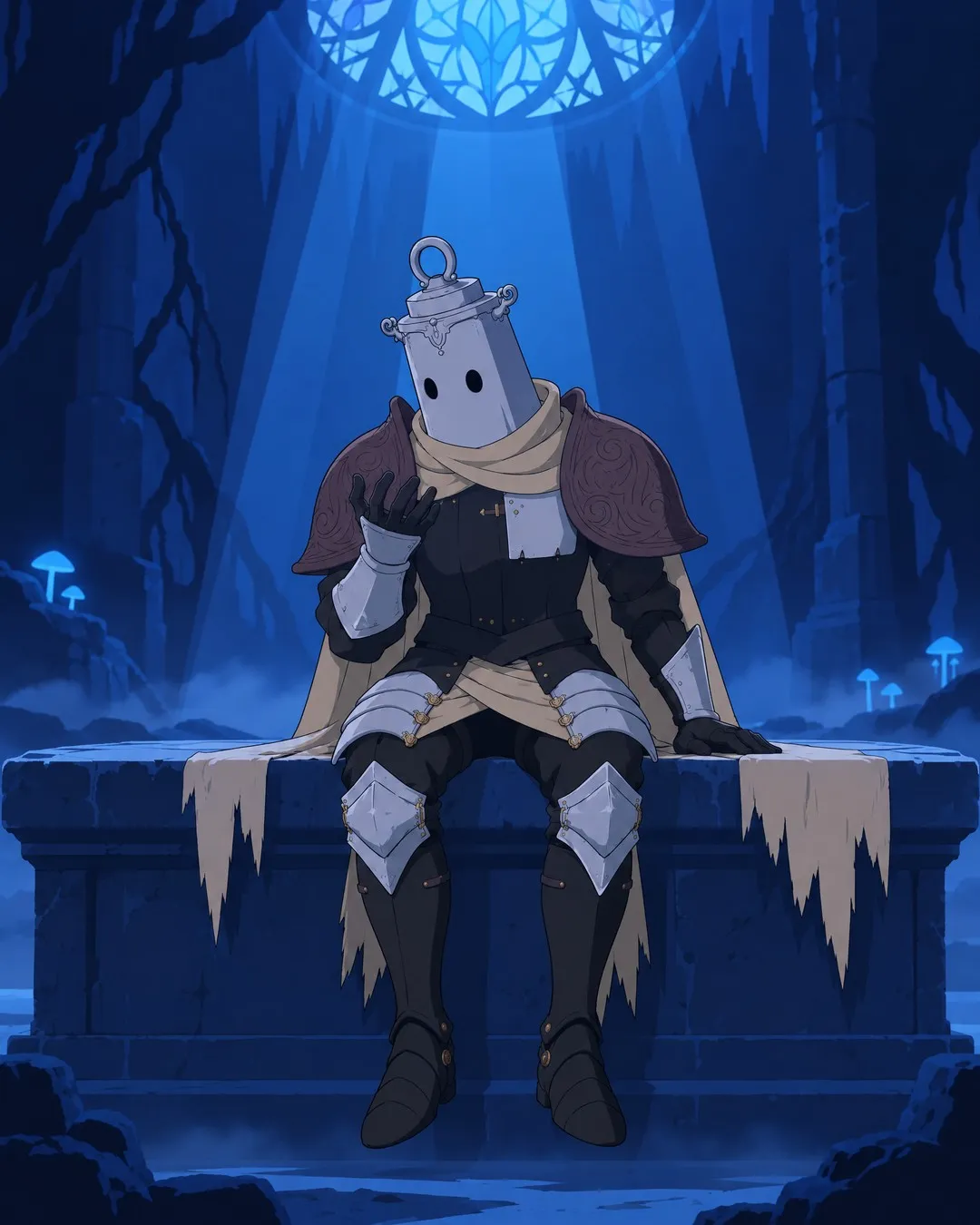 Frontal medium, still seated: he lifts his right gauntlet in front of his chest and looks at it, the helmet tilting toward the hand.