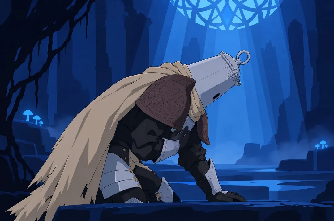 Side view, close: he bends forward over his knees, the helmet pointing down at his own body, the cape sliding over his back.
