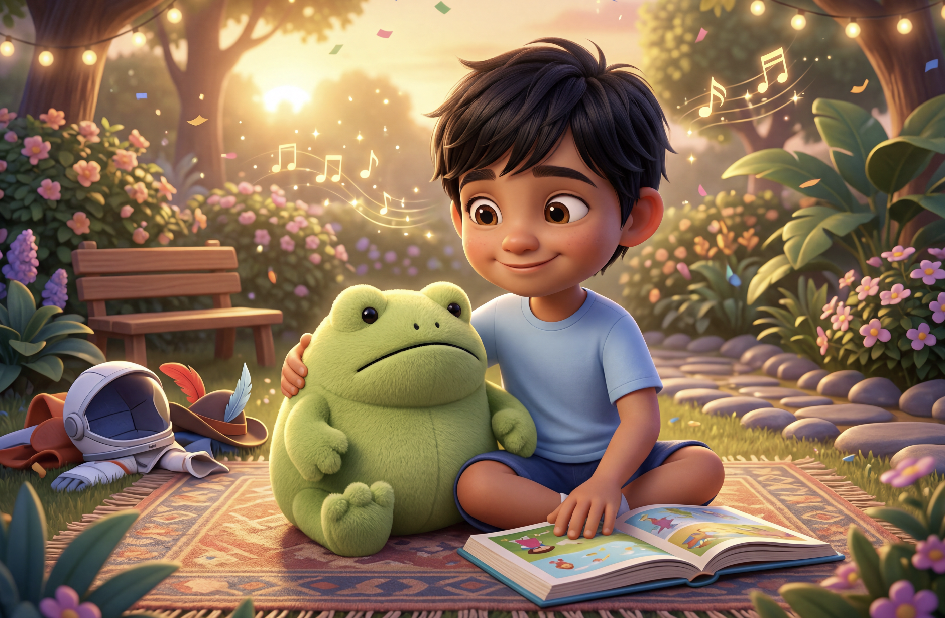 A child tucked in at bedtime, reading a story about a brave froggy, their face soft with feeling