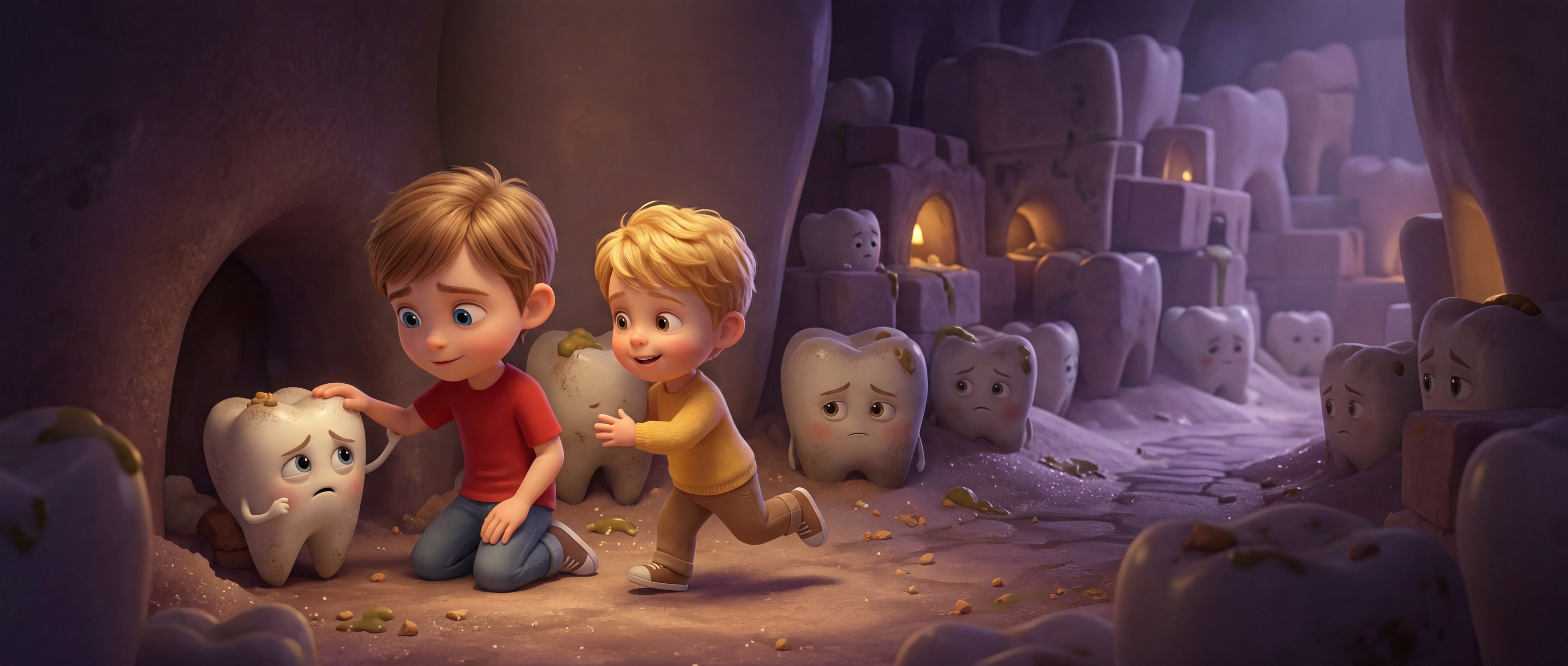 A spread from The Bravest Mouth in Town showing the magical world of Tooth Town