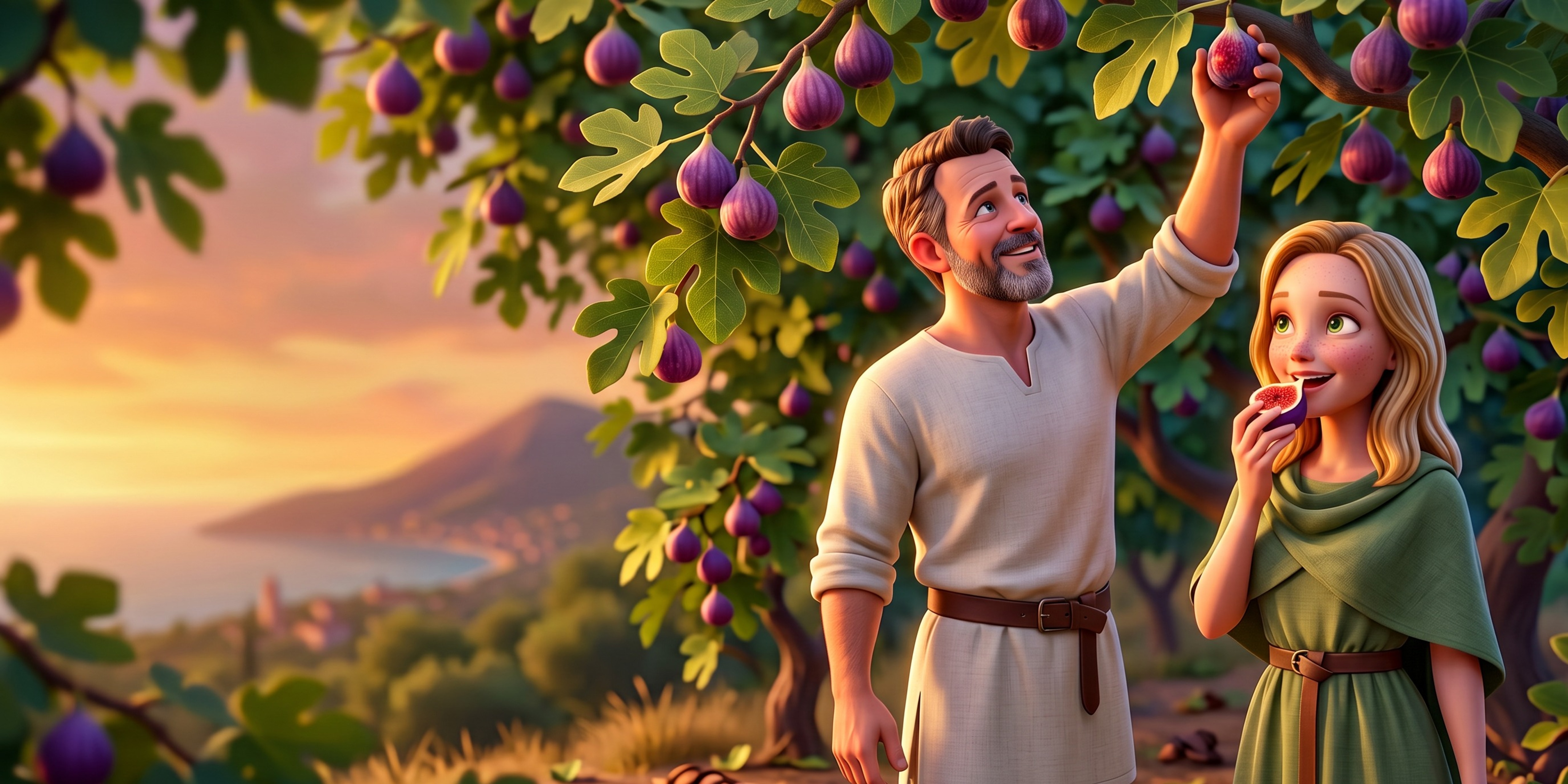 Ana and Ryan picking ripe figs from a tree on the slopes above Pompeii at golden hour