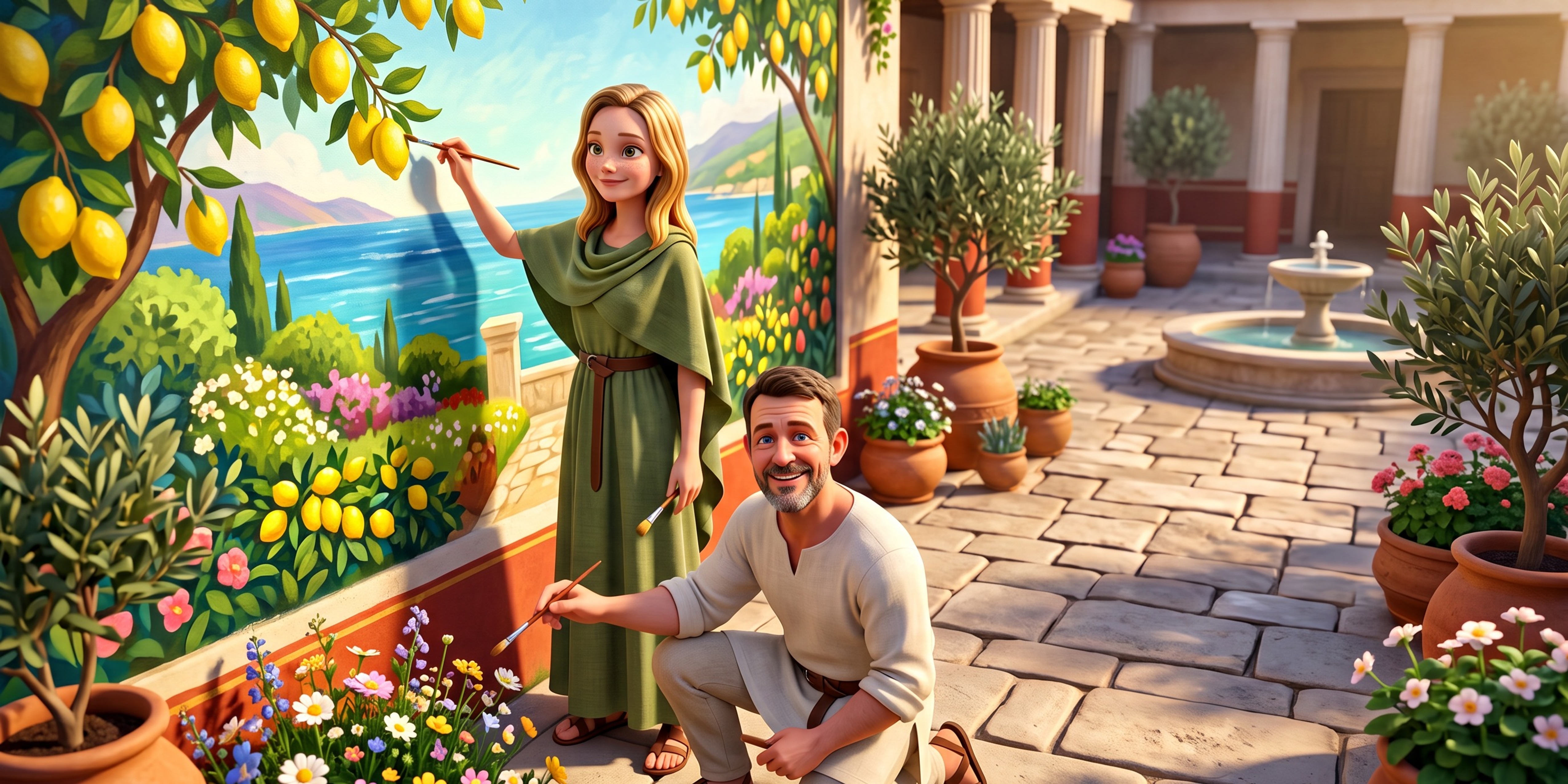 Ana and Ryan painting a vibrant blue and green mural on a garden wall in Pompeii