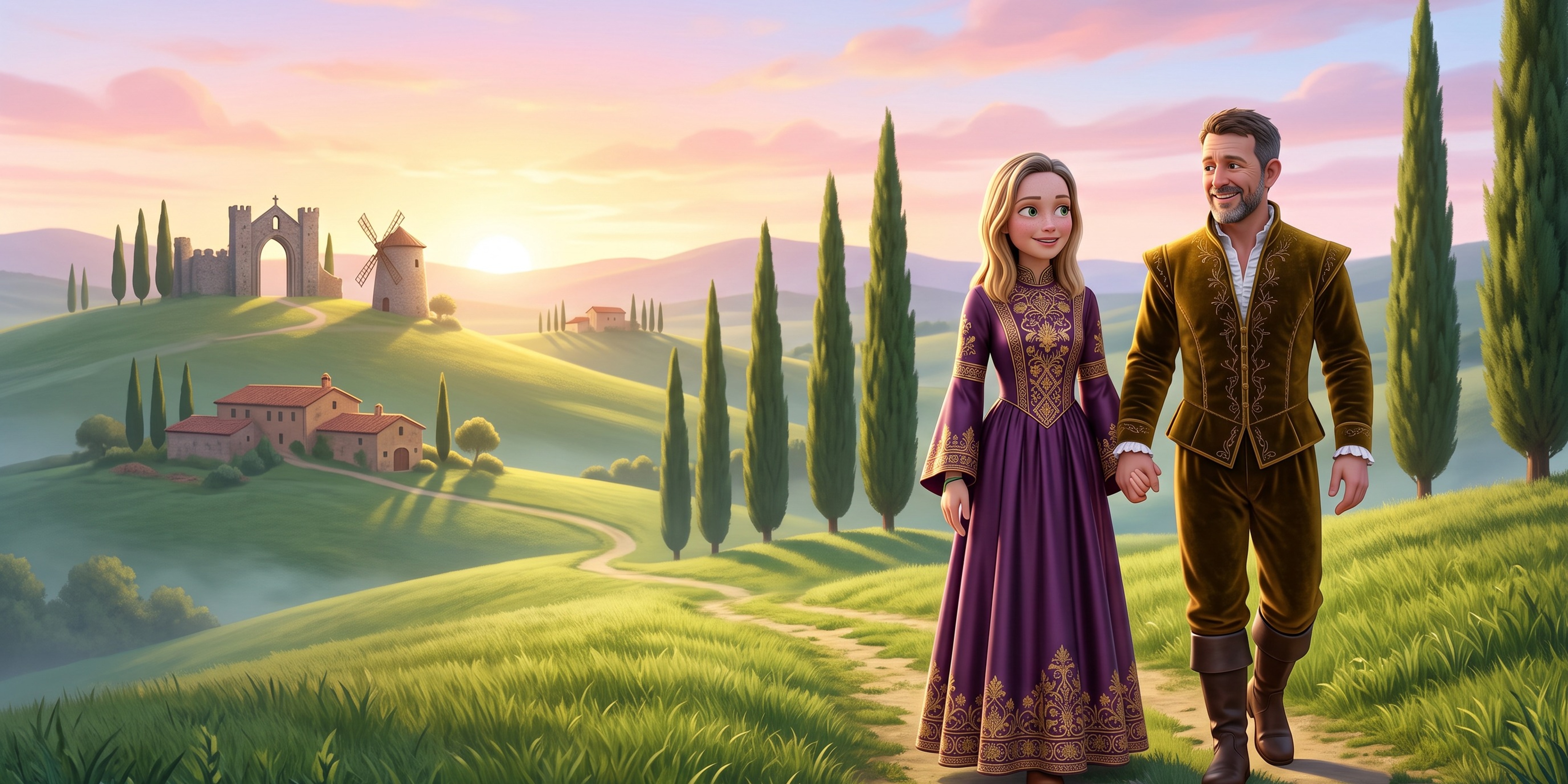 Ana and Ryan walking through sunlit Tuscan hills with cypress trees at dawn