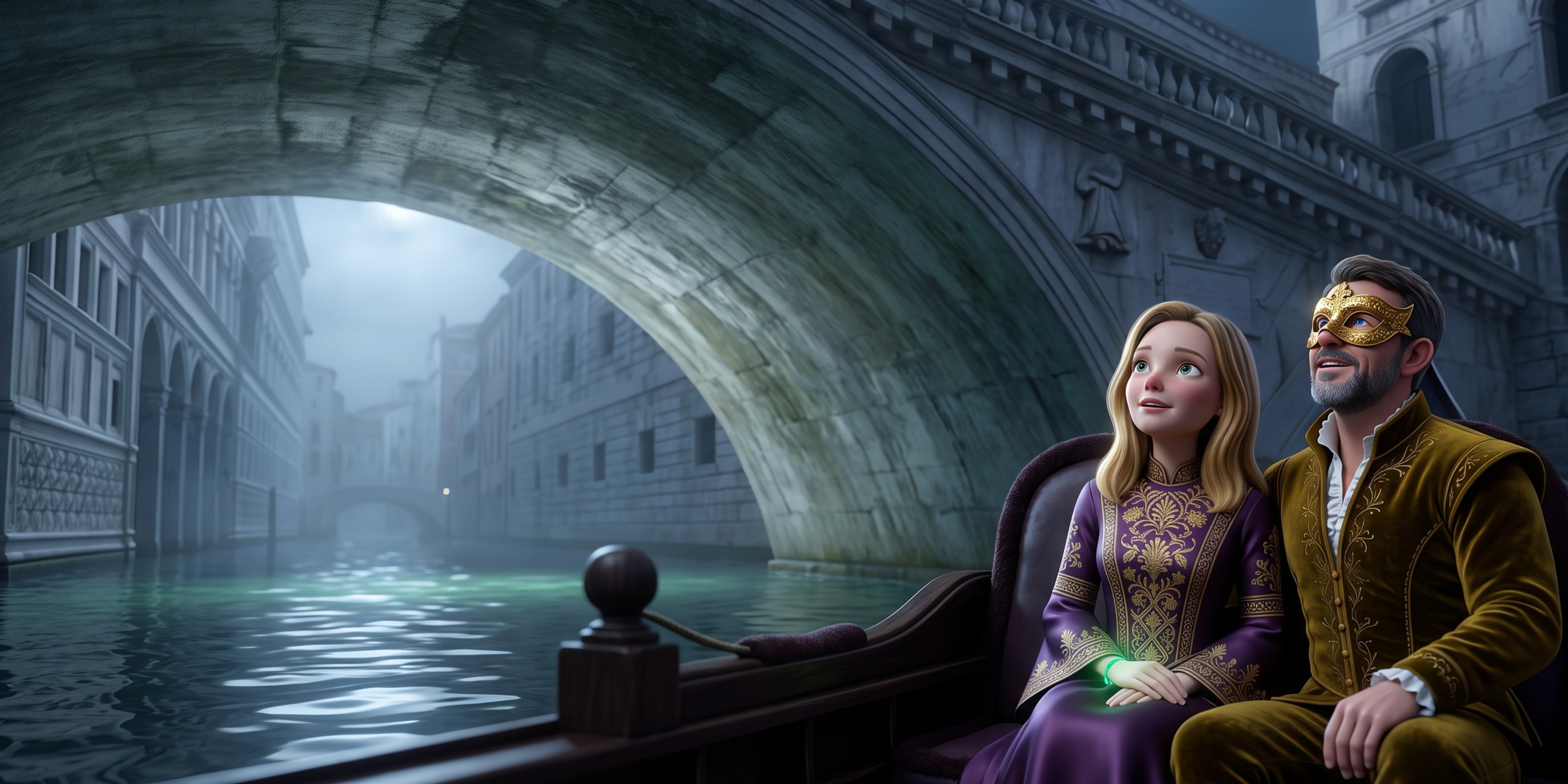 Ana and Ryan gliding under the Rialto Bridge in a black gondola by moonlight