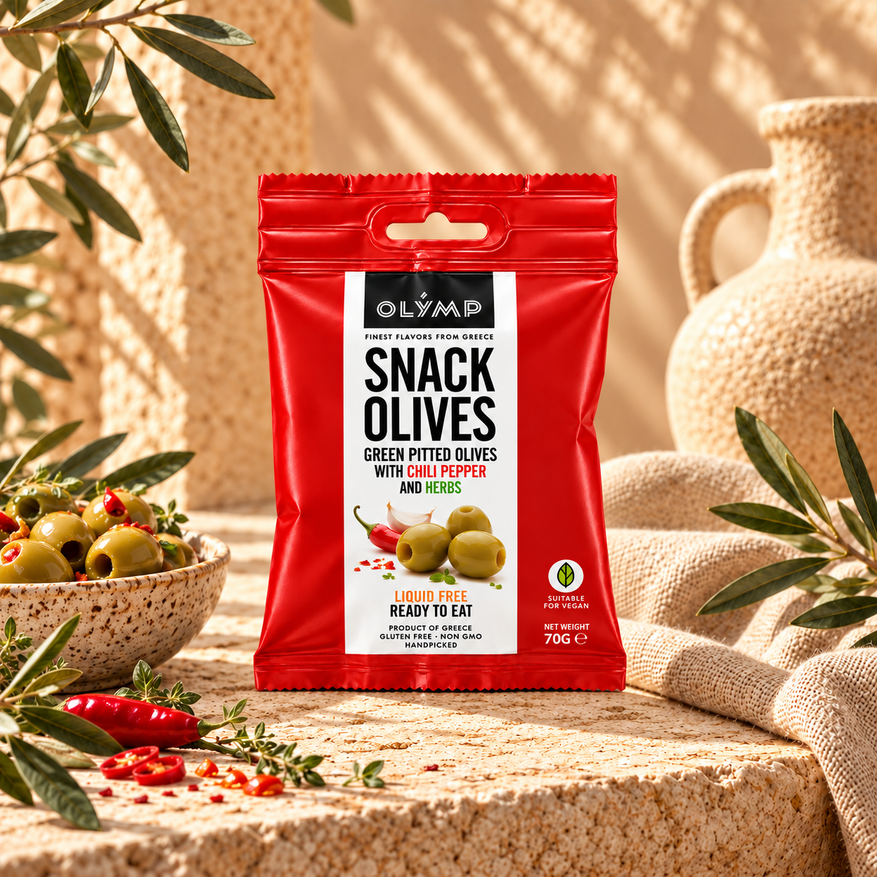 Snack olives with chili pepper
