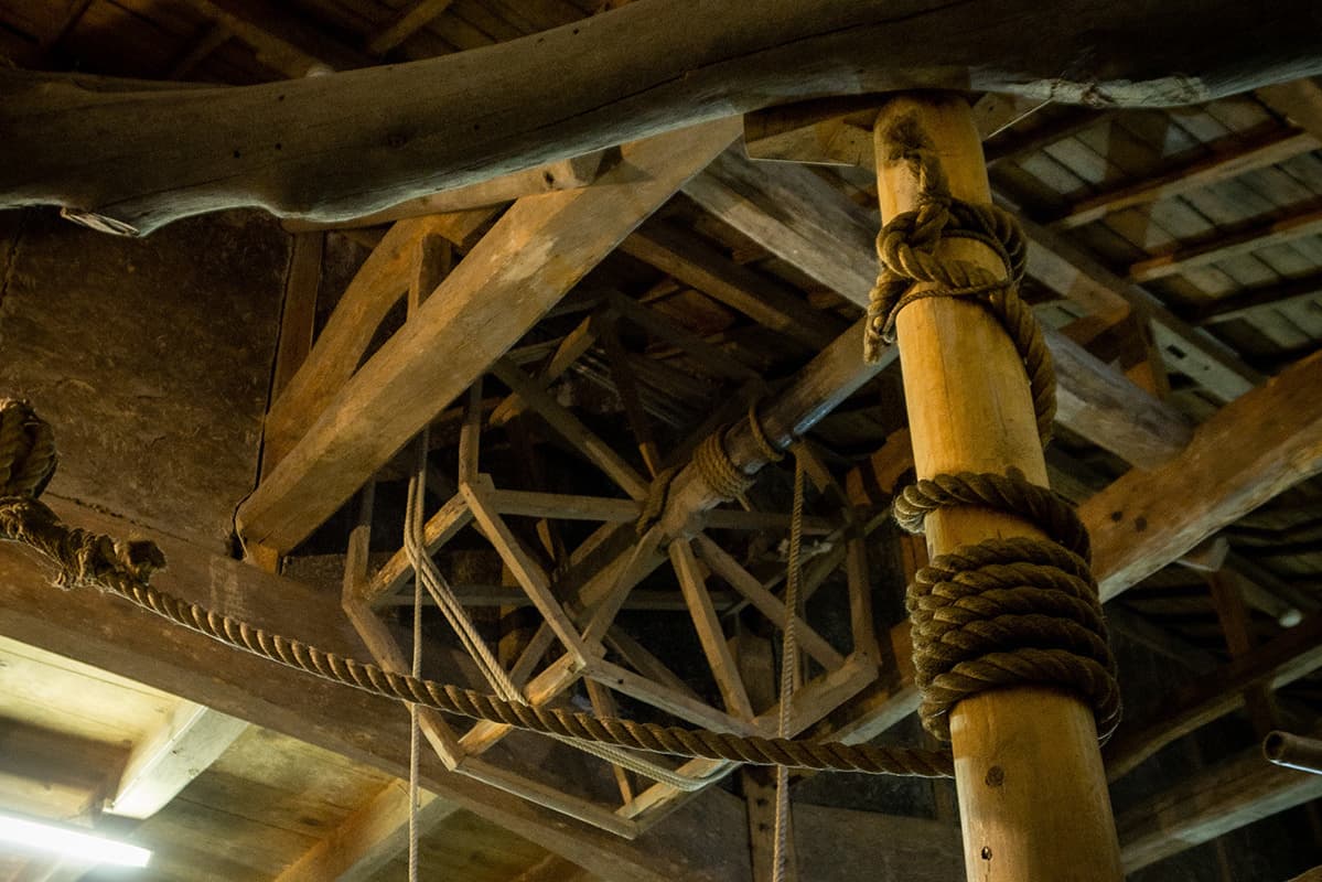 Roped wooden beams and support structure inside the historic brewery building