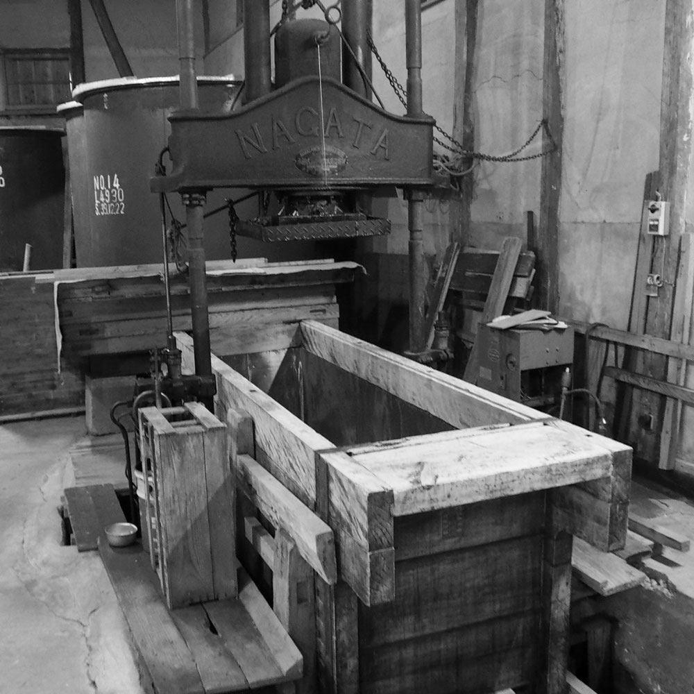 Traditional wooden fune (funeshibori) pressing equipment used to press the sake