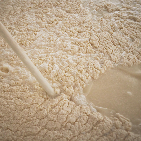 Close-up of rice mash being worked during fermentation.