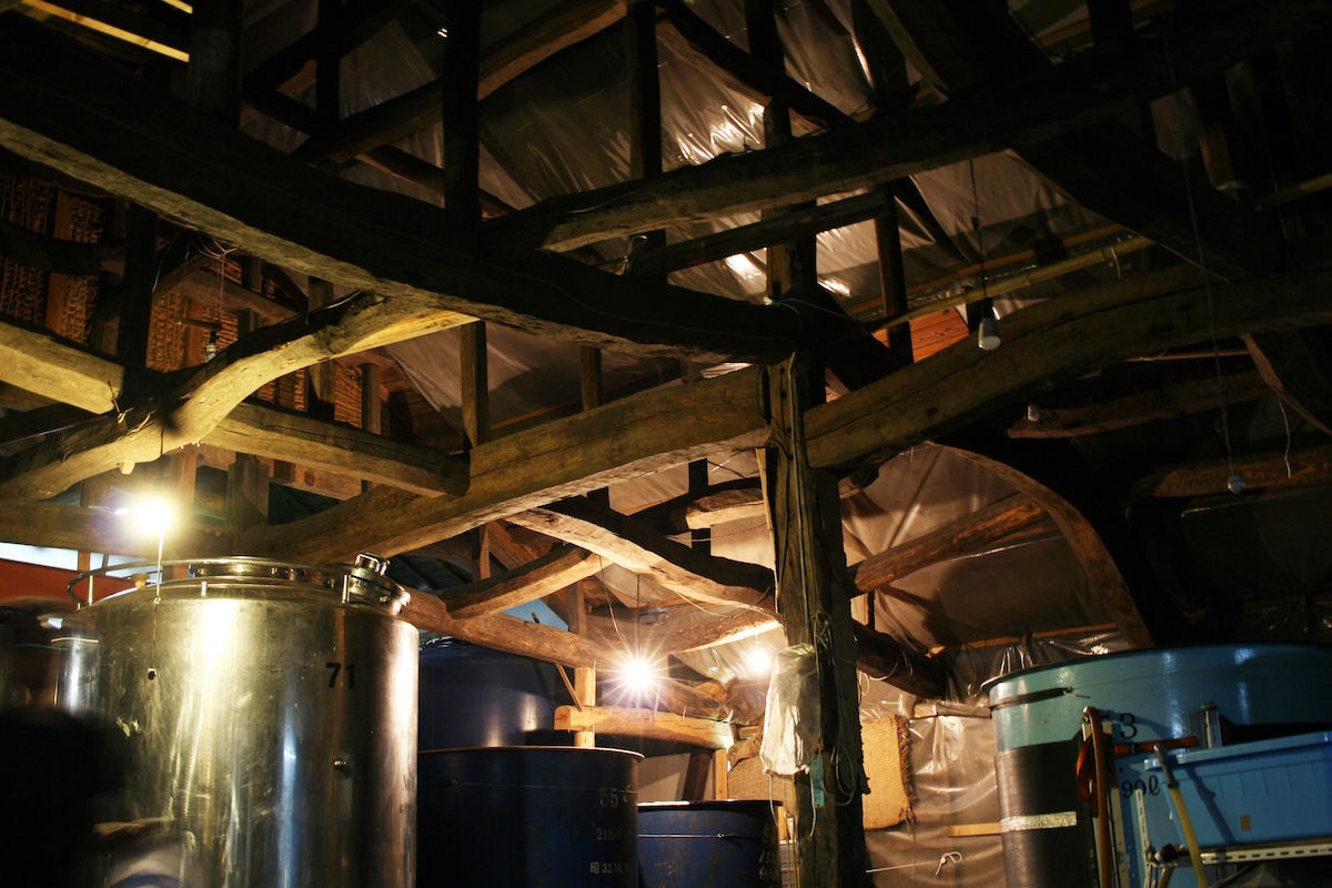 Traditional timber roof framing inside the historic kura