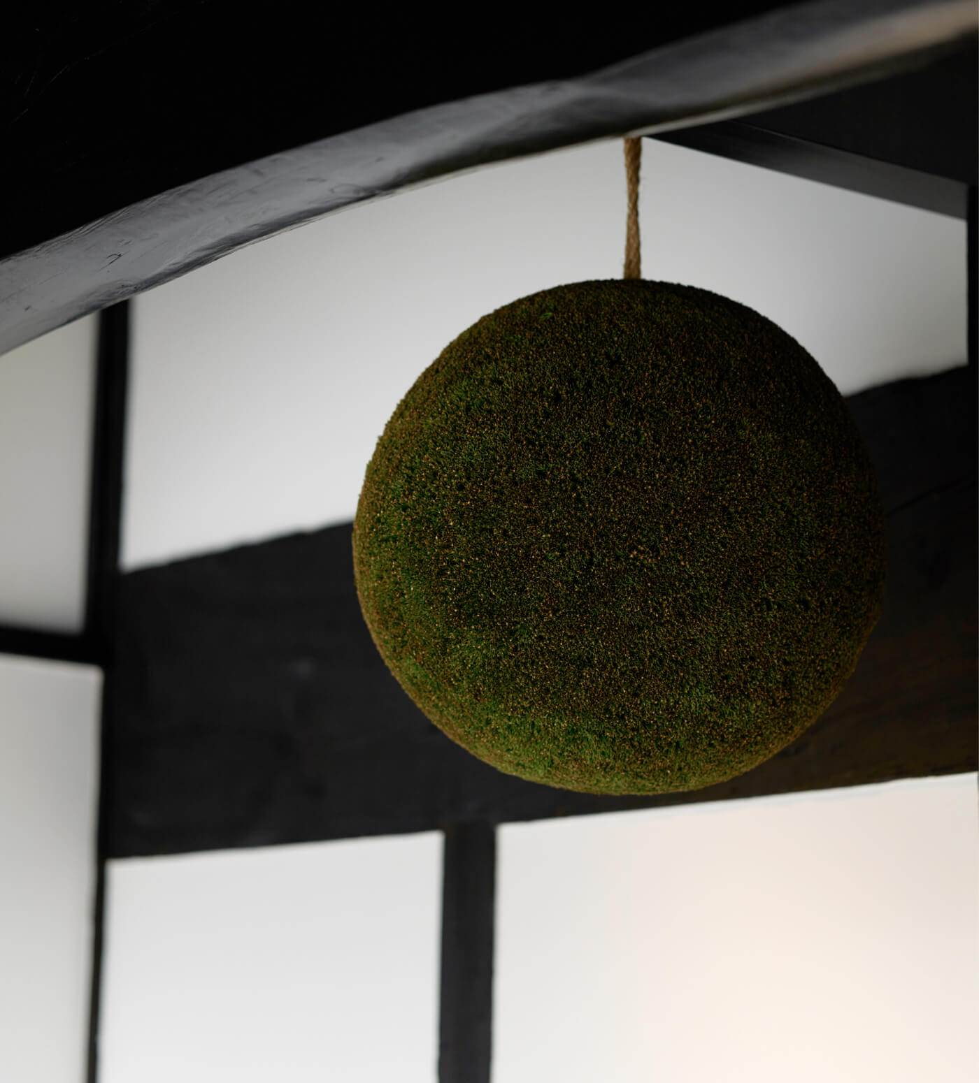Sugidama cedar ball hung beneath the brewery eaves