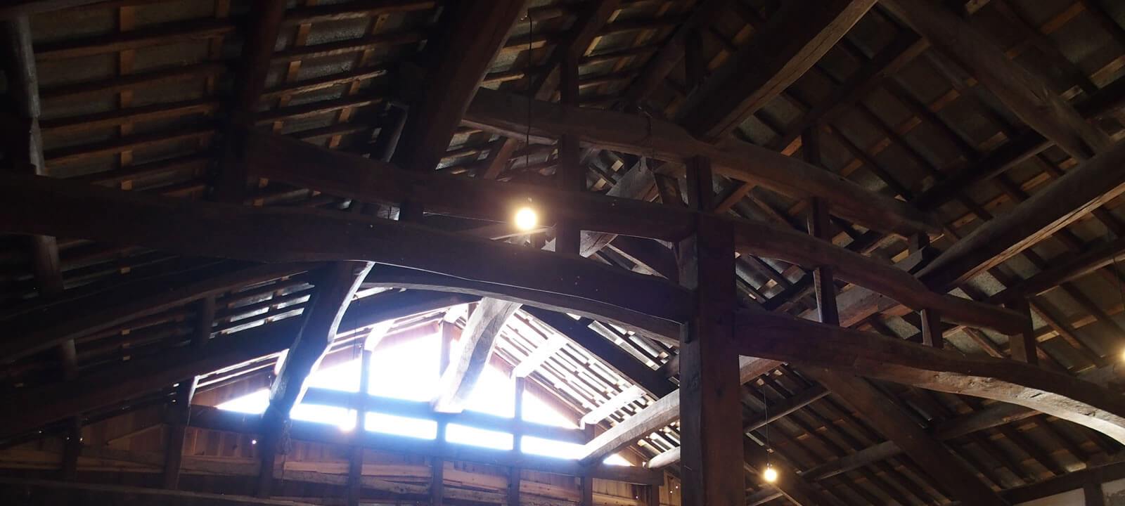 Traditional wooden roof structure of the brewery interior