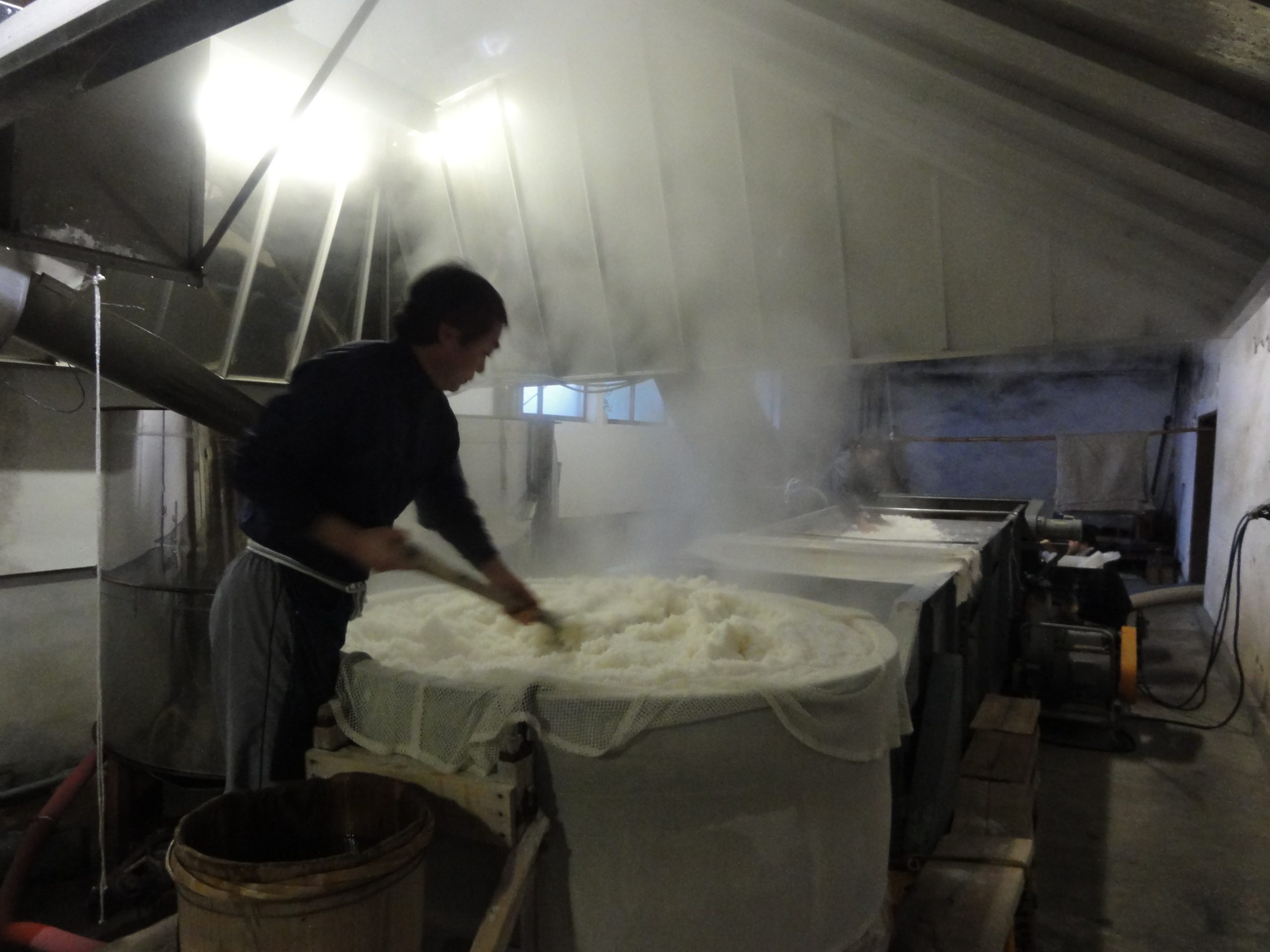 A brewery worker steaming rice (koji preparation) inside the kura.