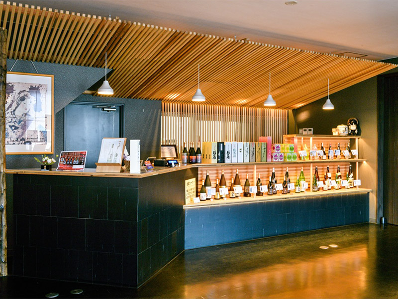 Tasting counter and shop interior lined with sake bottles.