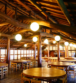 Interior of the brewery's Kura MotoCafe, a tasting hall inside a repurposed kura building