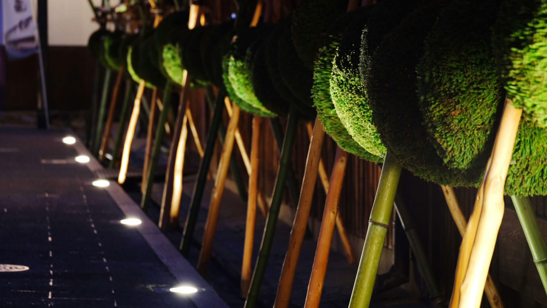 Row of fresh sugidama (cedar balls) hung outside the brewery at night