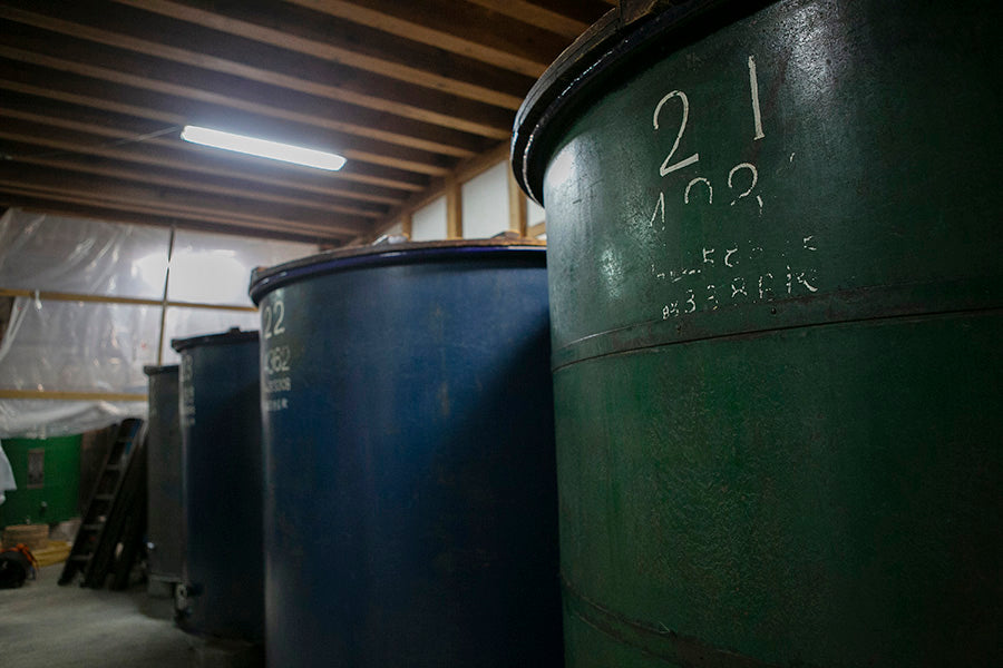 Row of fermentation tanks inside the brewery