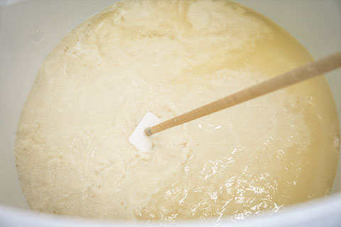 Koji rice mash fermenting in a tub during production.